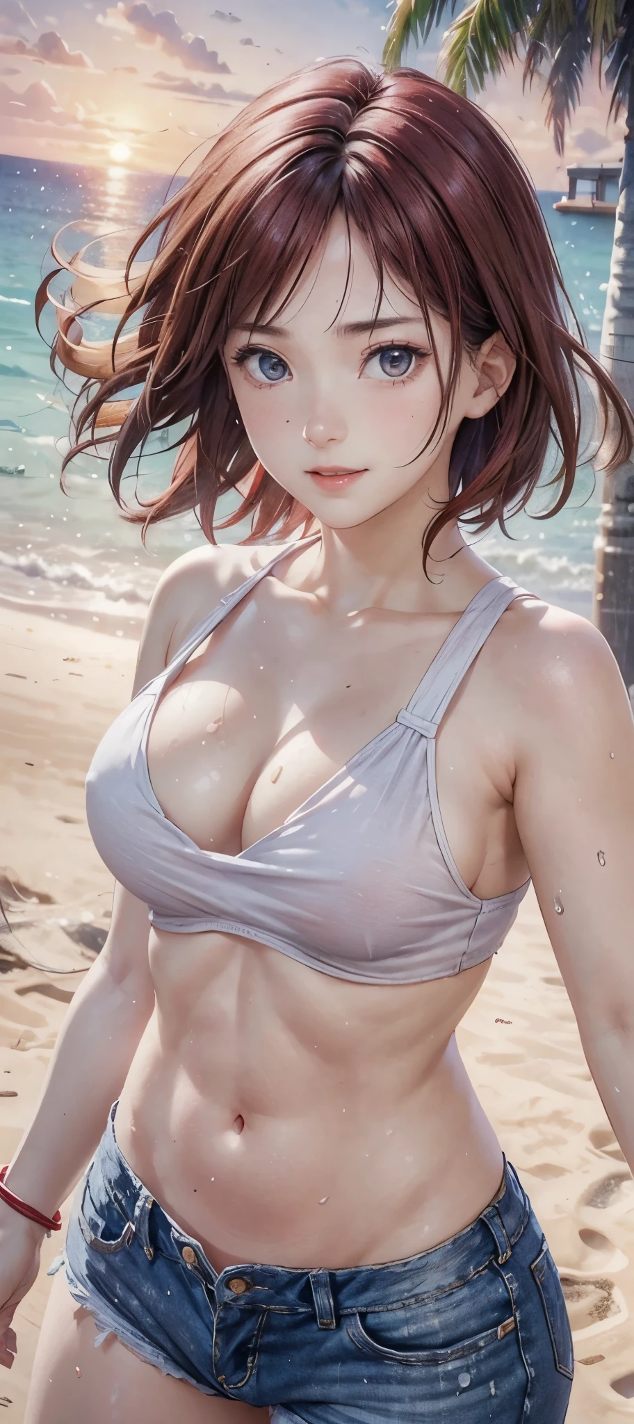 Realistic, Photorealistic,cowboy shot,masterpiece, absurdres ,1girl, haruno sakura, sweating, forehead mark, red hairband, red swimshirt, cleavage, white pants, navel, groin, bracelet, looking at viewer, smile, cherry blossoms, beach, sunset, wind, floating hair, short hair, large breast ,((wide hips)), toned body, detailed eyes, raised both armpits, sweaty armpits, armpits fold