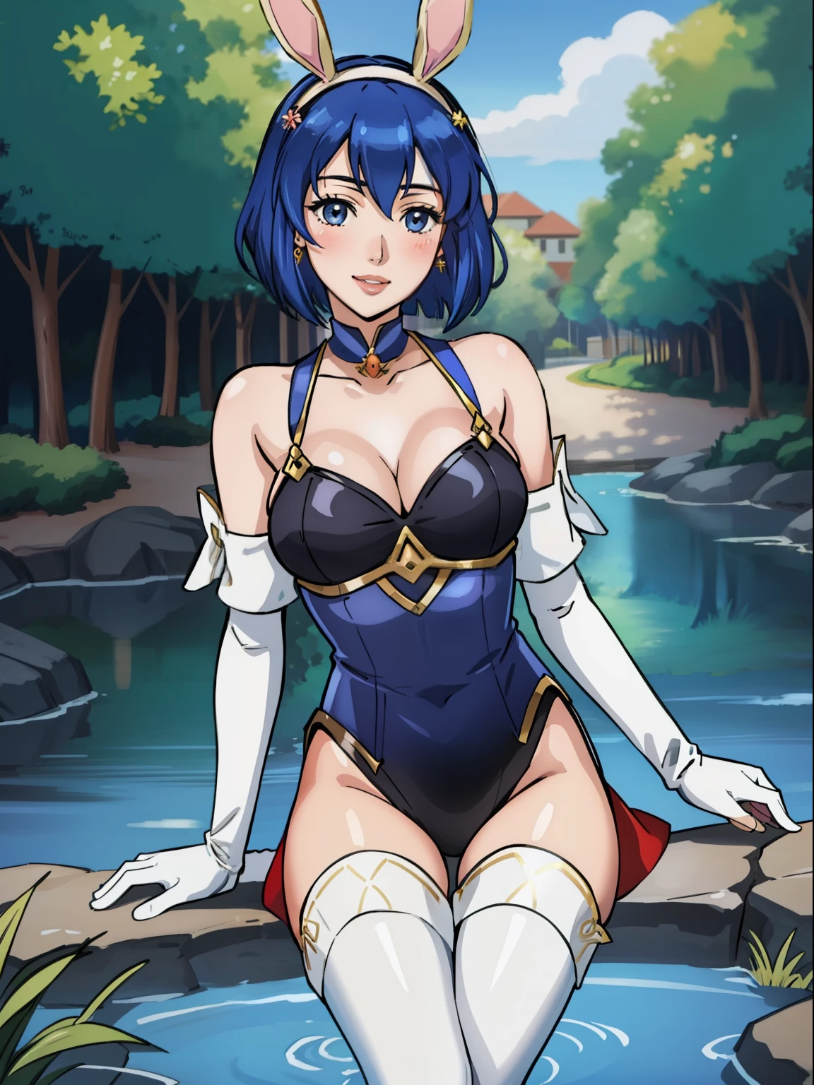 face of Catria (Fire Emblem), short hair, blue hair, headband ,1girl, solo, perfect breasts, ,earrings glossy lips ,looking at viewer, blush, large breasts, nature, pond, trees, park, long white elbow satin gloves, holding, animal ears, cleavage, bare shoulders, jewelry, very l, gentle smile, pantyhose, earrings, fake rabbit ears,  leotard, fake animal ears bunny, long white elbow gloves