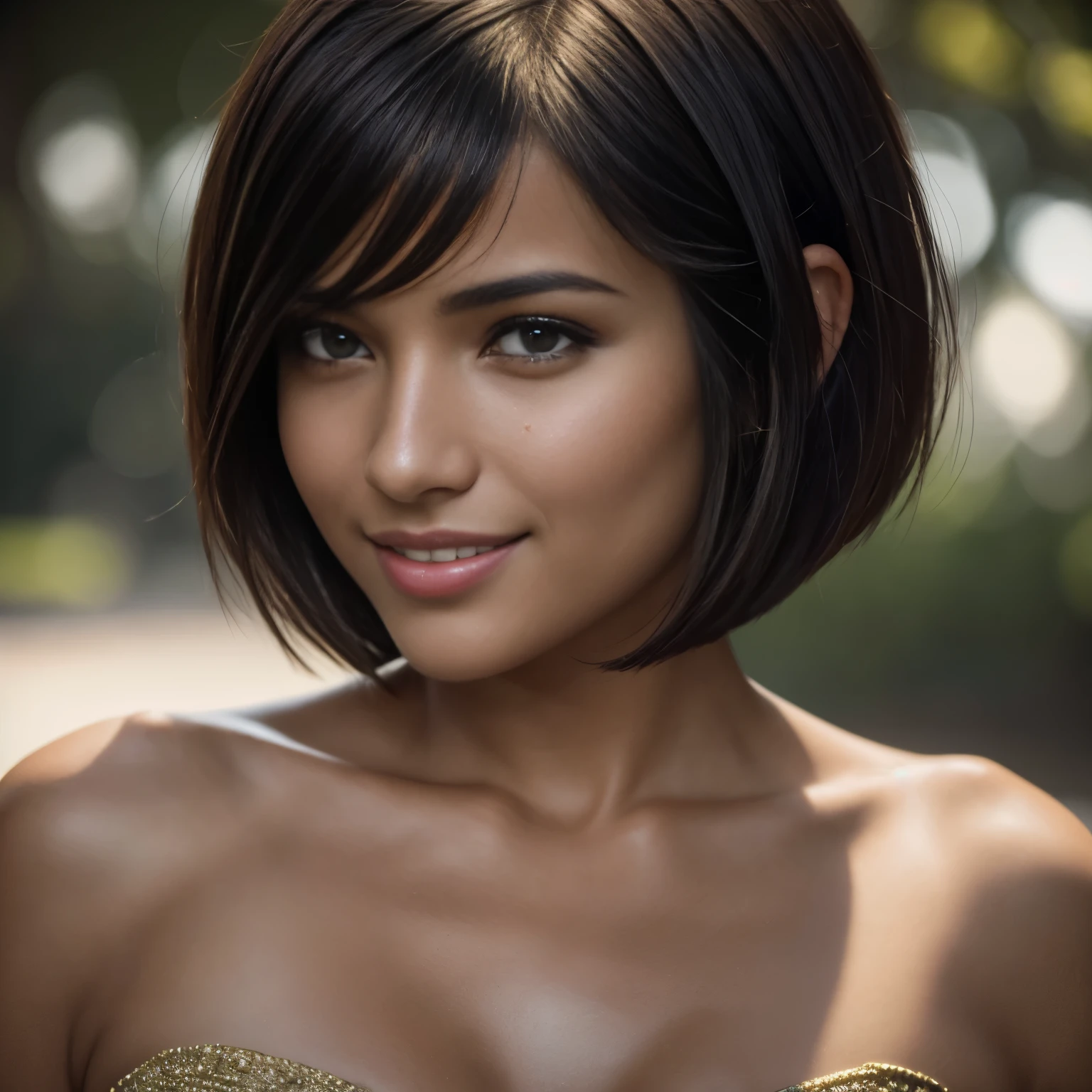 Isabela Merced, portrait photo, close-up of face, bob_cut hair, smiling seductively, (skin texture:1.1), (high detail face:1.1),high detail body, high detail clothes, (masterpiece), (realistic), ultra high definition, 4k, ultra high resolution, film grain, cinematic lighting, rim lighting, photo by Mark Mann, RAW image