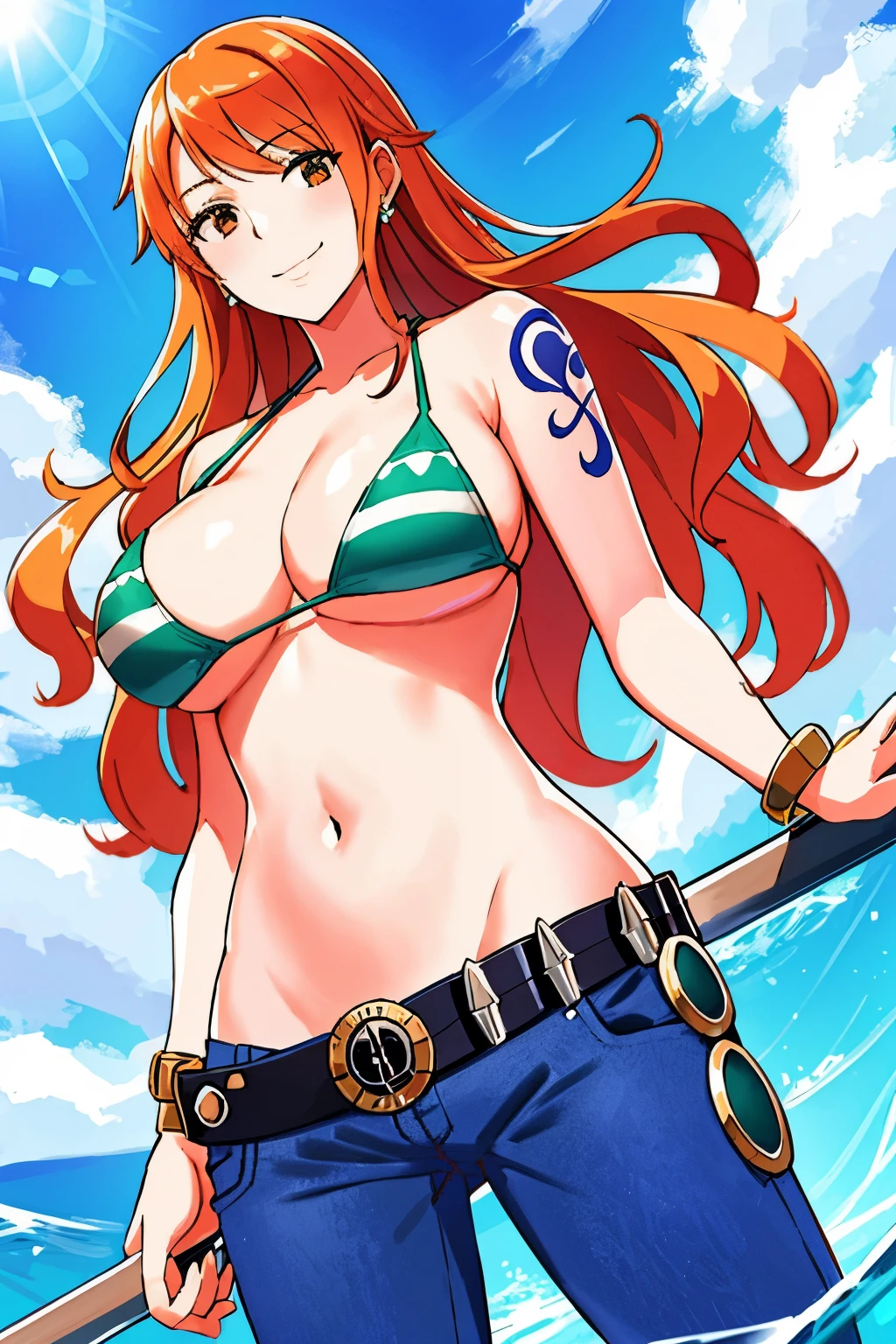 detailed background, masterpiece, best quality, 1girl, solo, nami \(one piece\), 1girl, bangle, bangs, bare shoulders, belt, bikini, bikini top only, blue sky, bracelet, breasts, brown eyes, bubble, cleavage, cloud, cowboy shot, day, denim, earrings, floating hair, green belt, green bikini, groin, jeans, jewelry, large breasts, log pose, long hair, looking at viewer, navel, orange hair, pants, shoulder tattoo, sidelocks, sky, smile, solo, standing, stomach, swimsuit, tattoo , looking at viewer