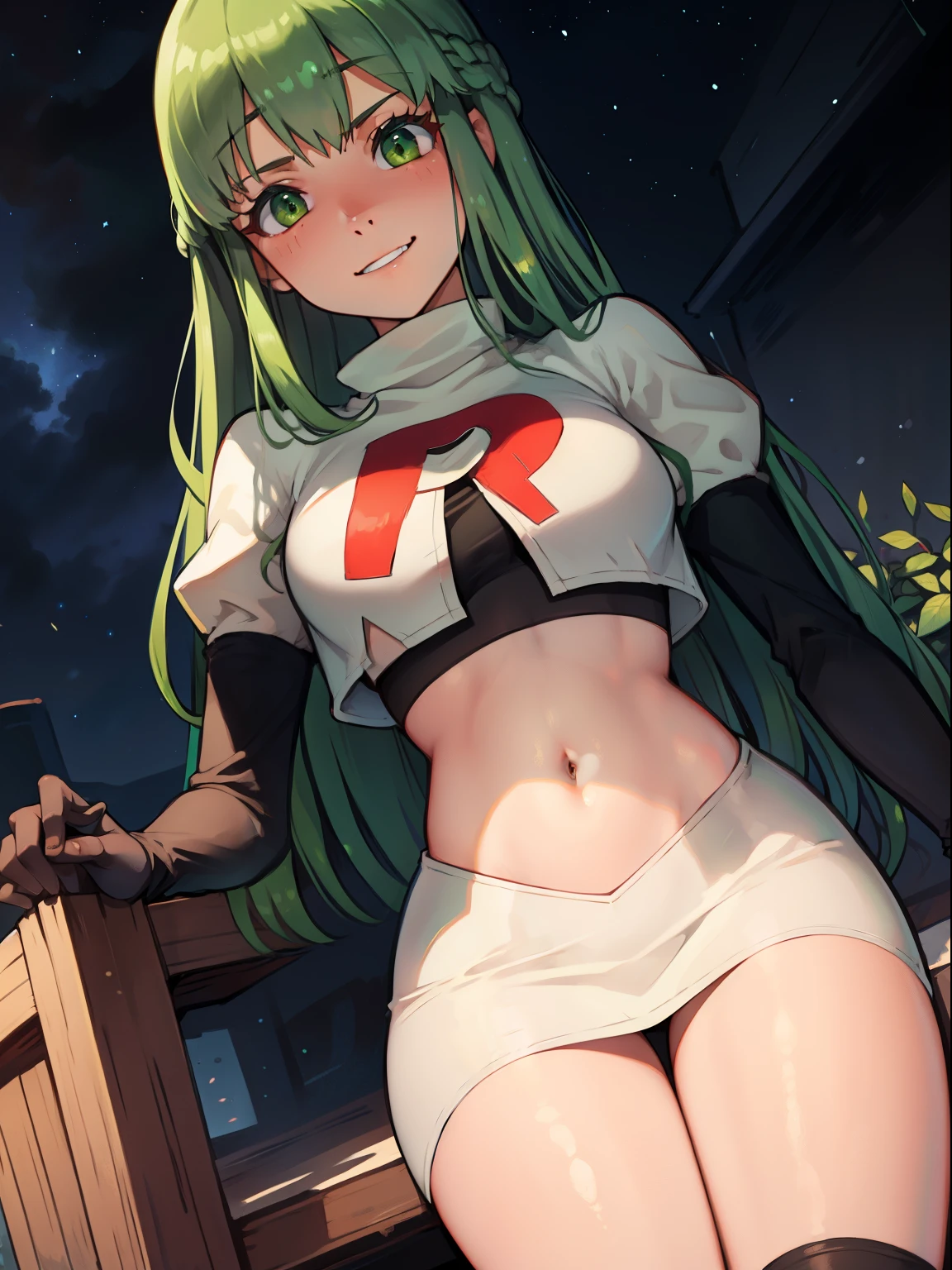 Palla (Fire Emblem), long hair, green hair ,1girl,team rocket,team rocket uniform, red letter R, white skirt,white crop top,black thigh-highs,black elbow gloves, evil smile,  looking down on viewer, sitting down ,legs crossed, night sky background