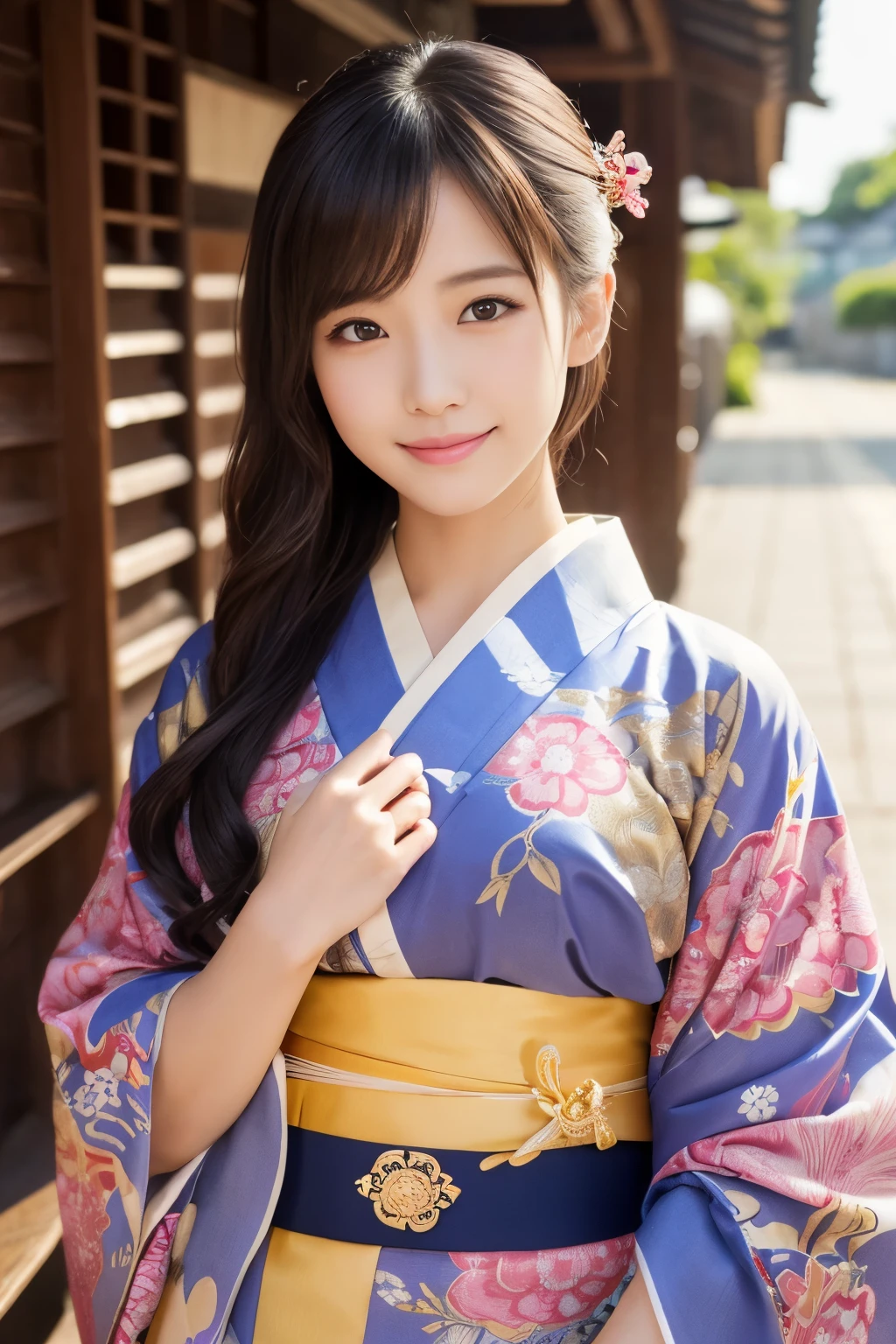 muste piece, best quality, 8K、(Golden Ratio Face、balanced eyes、very gentle eyelids)、double eyelid、beautiful nose、shy smile、lip gloss 、Very beautiful girl、Beautiful girl solo like a model、See photographer、Kimono with intricate patterns and traditional designs、detailed colors、Kimono with brightly colored patterns