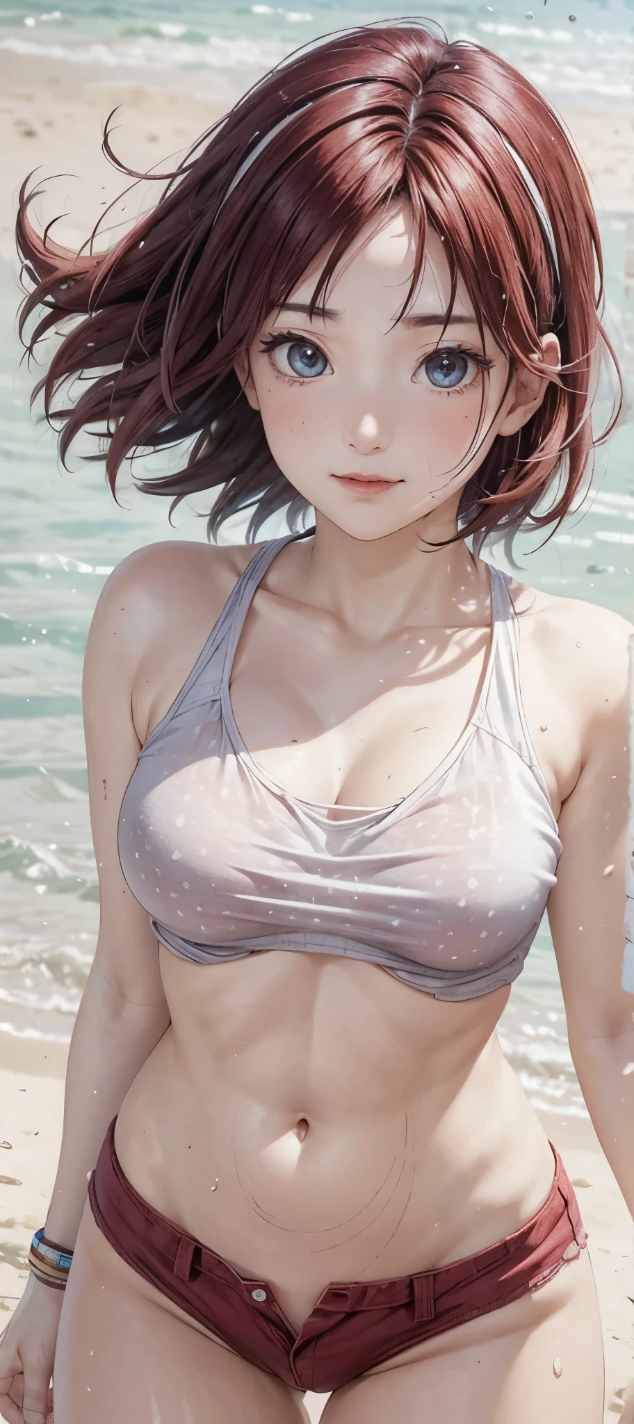 Realistic, Photorealistic,cowboy shot,masterpiece, absurdres ,1girl, haruno sakura, sweating, forehead mark, red hairband, red swimshirt, cleavage, white pants, navel, groin, bracelet, looking at viewer, smile, cherry blossoms, beach, sunset, wind, floating hair, short hair, large breast ,((wide hips)), toned body, detailed eyes, raised both armpits, sweaty armpits, armpits fold