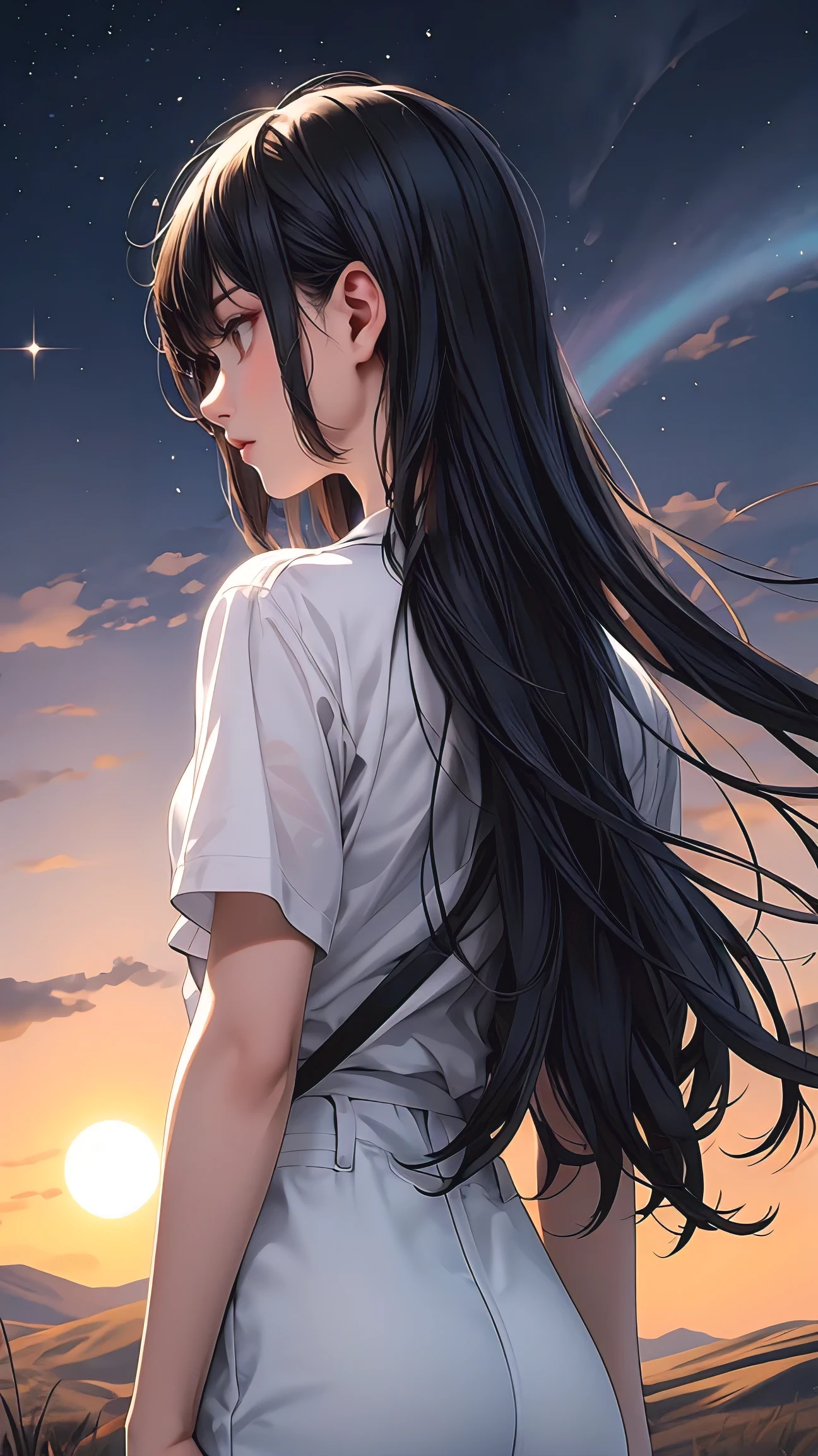 Hair floating in midair, back view, Look at the sun, There is a starship in the sky, Three suns, A woman with black hair, Standing in the steppe, landscape, universe, 8k, super detail