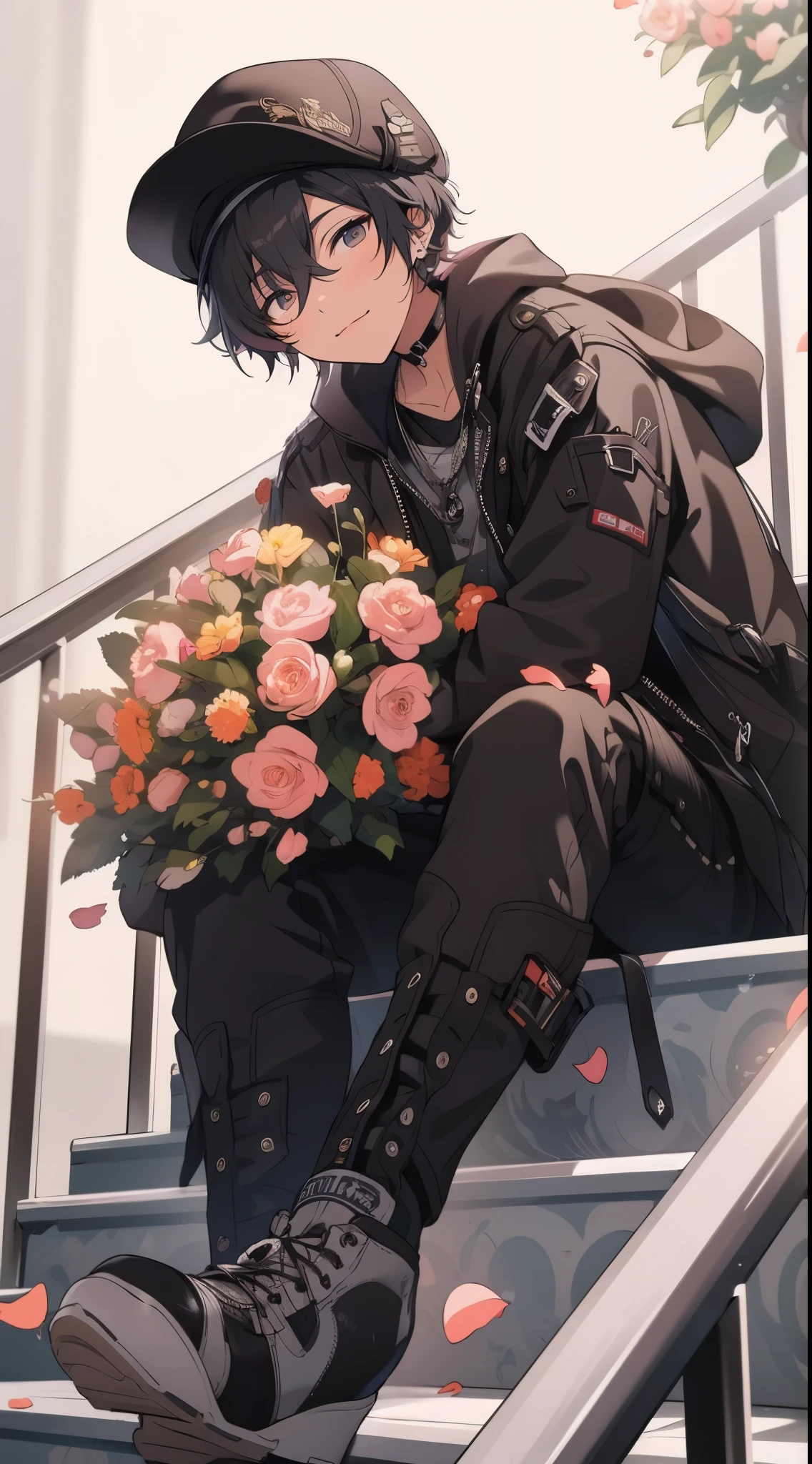 Beautiful young man, short black hair, beret, black leather jacket, holding colorful bouquet of flowers, cloudy background, sitting on stairs, high quality, amount of drawing, pixiv illustration