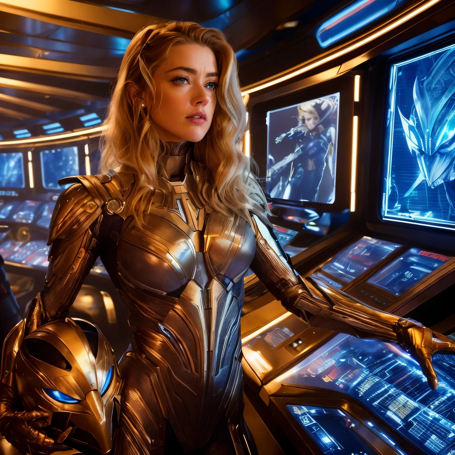 a woman in a futuristic suit standing in front of a computer screen, amber heard as captain america, wearing witchblade armor, imogen poots as holy paladin, wearing sci-fi armor, mermaid cyborg with a laser whip, imogen poots as a paladin, photo still, gold sci - fi armour, cory chase as an atlantean