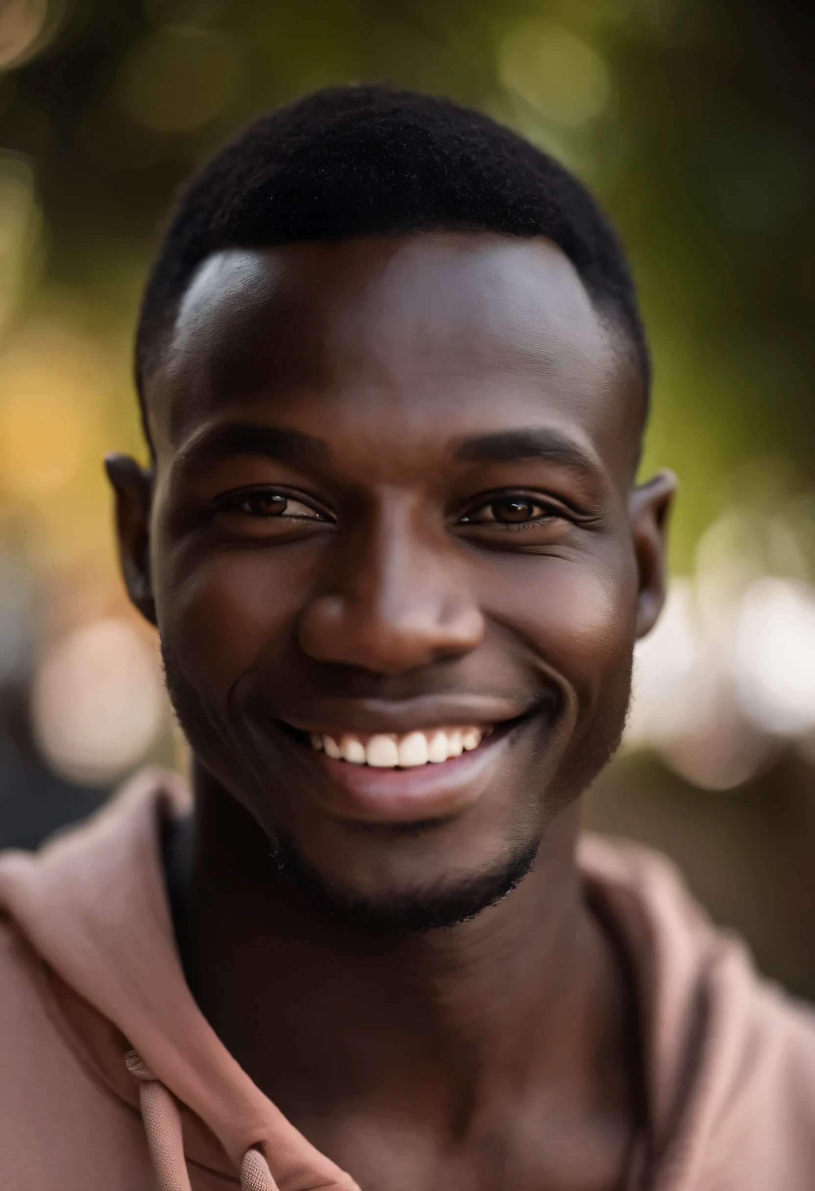 Close up portrait of a 30 year old Ugandan man, Looking directly at the camera, pelo negro corto, ojos negros brillantes, labios rosados mostrando una hermosa sonrisa, dientes blancos perfectos, piel oscura, with a brown hoodie, imagen enfocada, 8k. Fondo con efecto bokeh.