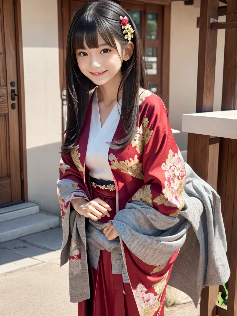 1 girl, solo, looking at viewer, smile, black hair, hair ornament, flower, Japanese clothes, kimono, smile, dark eyes, makeup, lipstick, red lips, shy face