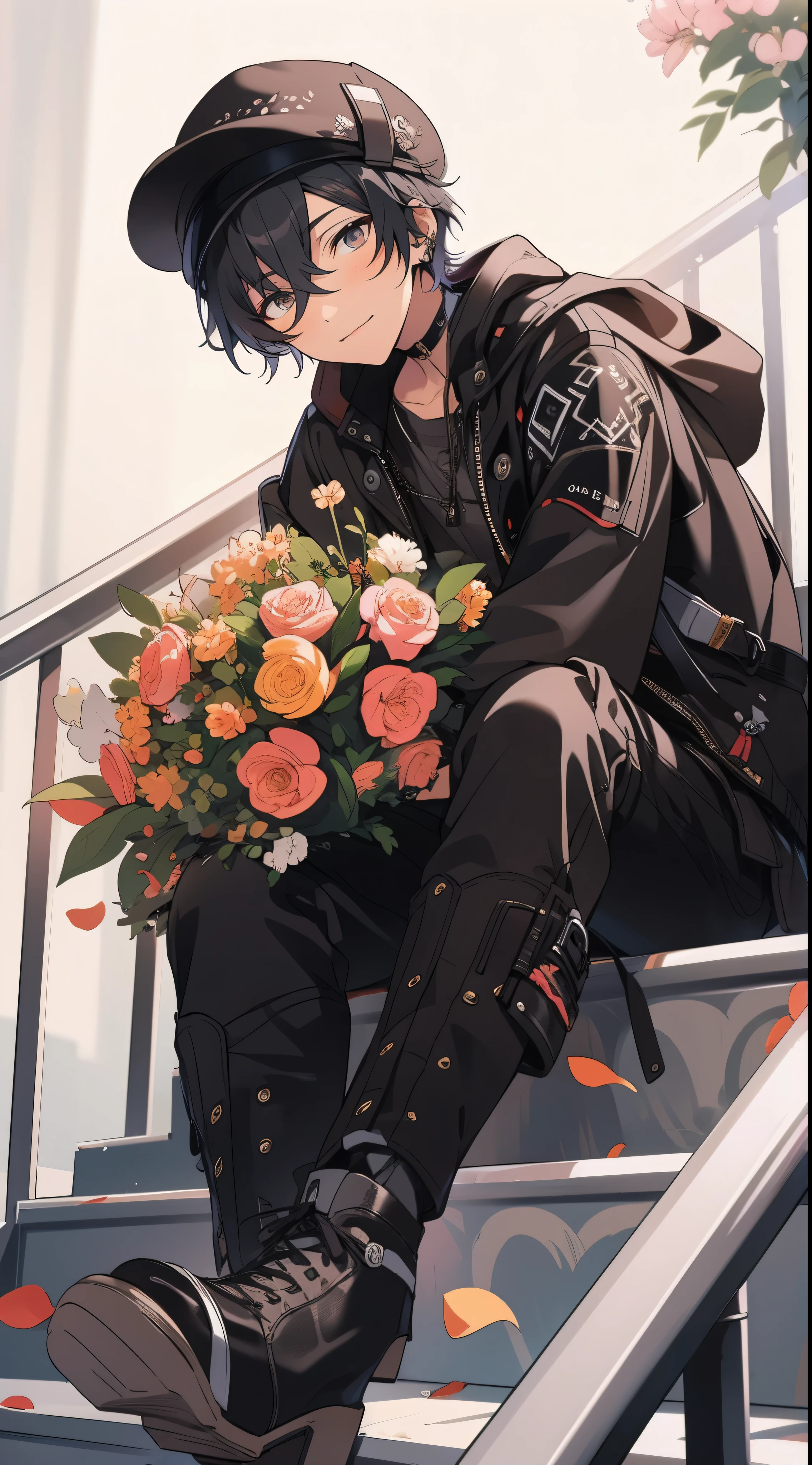 beautiful young man, short black hair, beret, black leather jacket, Have a colorful bouquet, Cloudy background, sitting on the stairs, high quality, Amount to draw, pixiv illustration