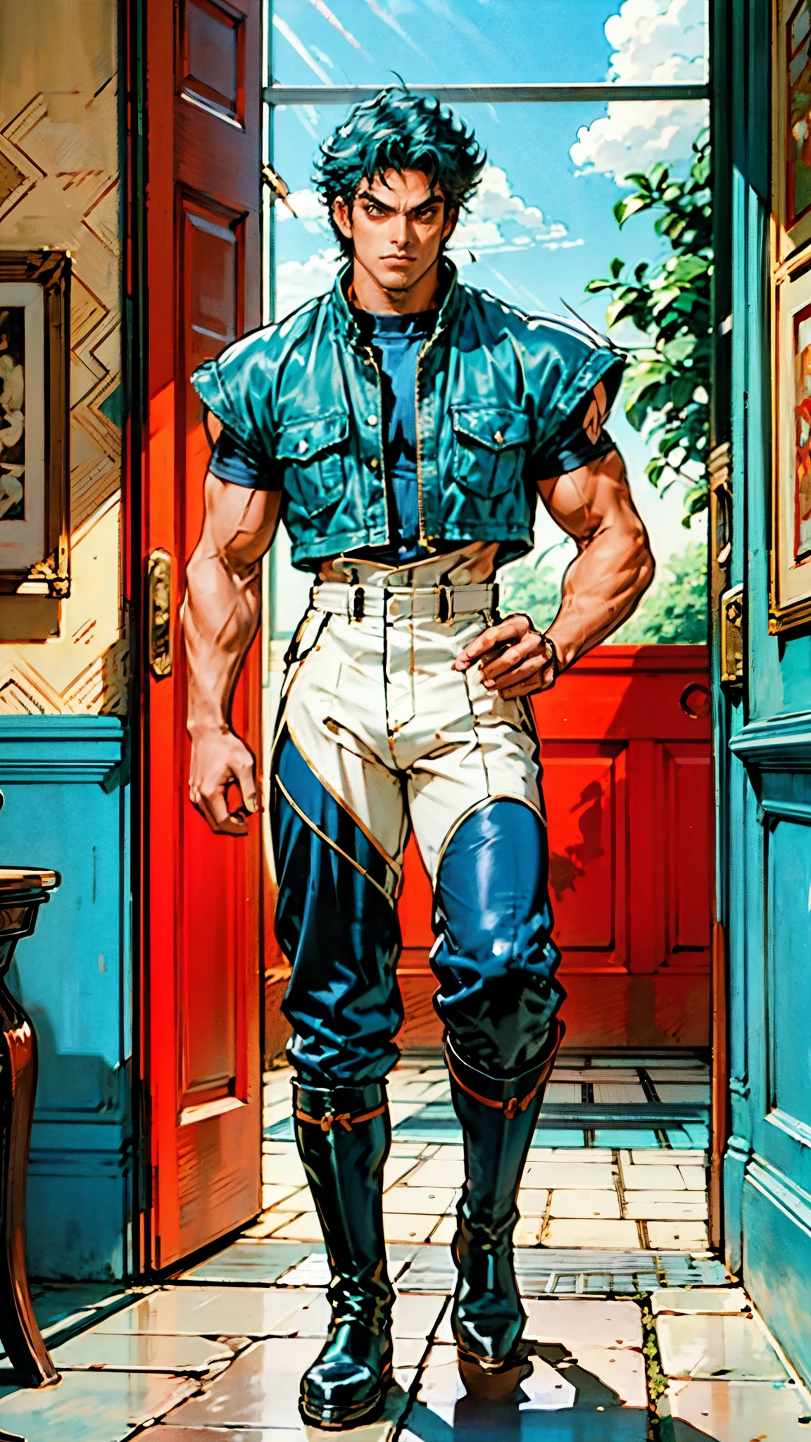 In the backdrop of an ancient fantasy-reality setting, a youth sporting a platinum crew cut displays a piercing gaze and confident demeanor. Adorned in a two-piece fusion outfit, seamlessly blending Western and Eastern influences, he wears a snug dark top paired with a vibrant yellow-blue short jacket. The lower half features loose white utility pants, and his sturdy long boots echo through the corridors of an antiquated architectural landscape. The overall aesthetic captures the essence of a refined and mature anime-inspired  rogue, symmetrical face, extremely detailed eyes and face, high quality eyes, high definition, highres, ultra-fine painting, exquisite and mature, extremely delicate, professional, anatomically correct, creativity, UHD, HDR, 32k, Natural light, cinematic lighting, best shadow, masterpiece-anatomy-perfect, best quality, masterpiece, ultra-detailed