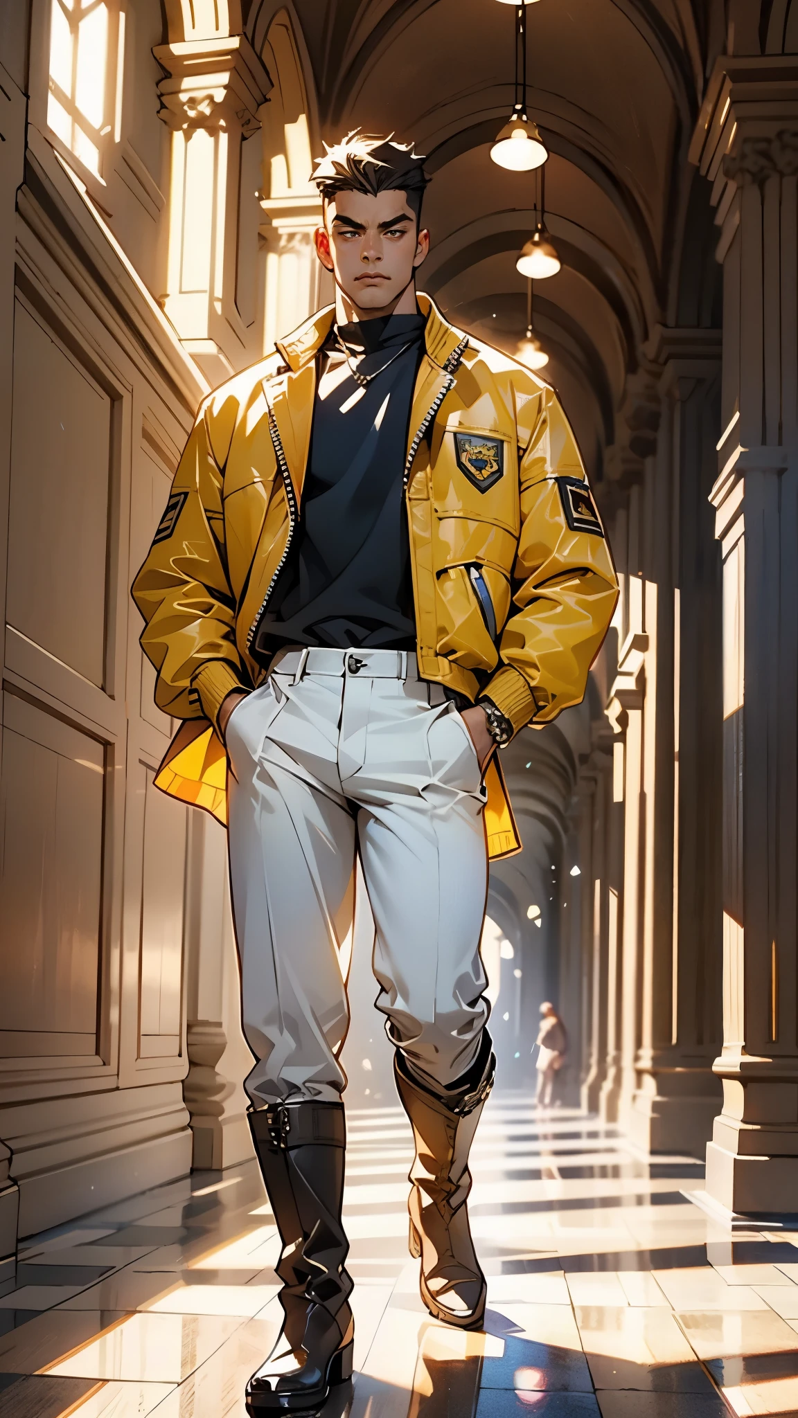 In the backdrop of an ancient fantasy-reality setting, a youth sporting a platinum crew cut displays a piercing gaze and confident demeanor. Adorned in a two-piece fusion outfit, seamlessly blending Western and Eastern influences, he wears a snug dark top paired with a vibrant yellow-blue short jacket. The lower half features loose white utility pants, and his sturdy long boots echo through the corridors of an antiquated architectural landscape. The overall aesthetic captures the essence of a refined and mature anime-inspired  rogue, symmetrical face, extremely detailed eyes and face, high quality eyes, high definition, highres, ultra-fine painting, exquisite and mature, extremely delicate, professional, anatomically correct, creativity, UHD, HDR, 32k, Natural light, cinematic lighting, best shadow, masterpiece-anatomy-perfect, best quality, masterpiece, ultra-detailed