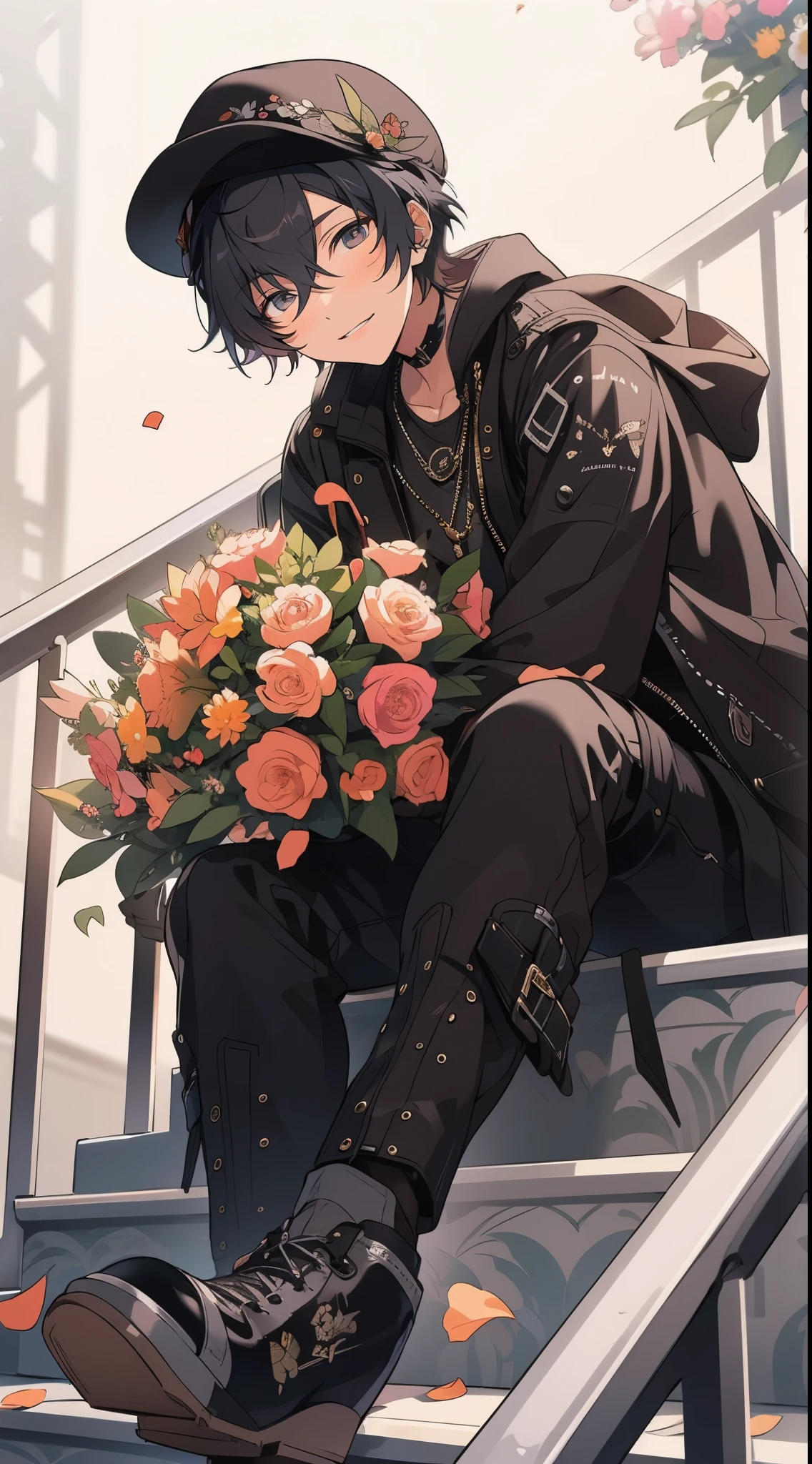 Beautiful young man, short black hair, beret, black leather jacket, holding colorful bouquet of flowers, cloudy background, sitting on stairs, high quality, amount of drawing, pixiv illustration