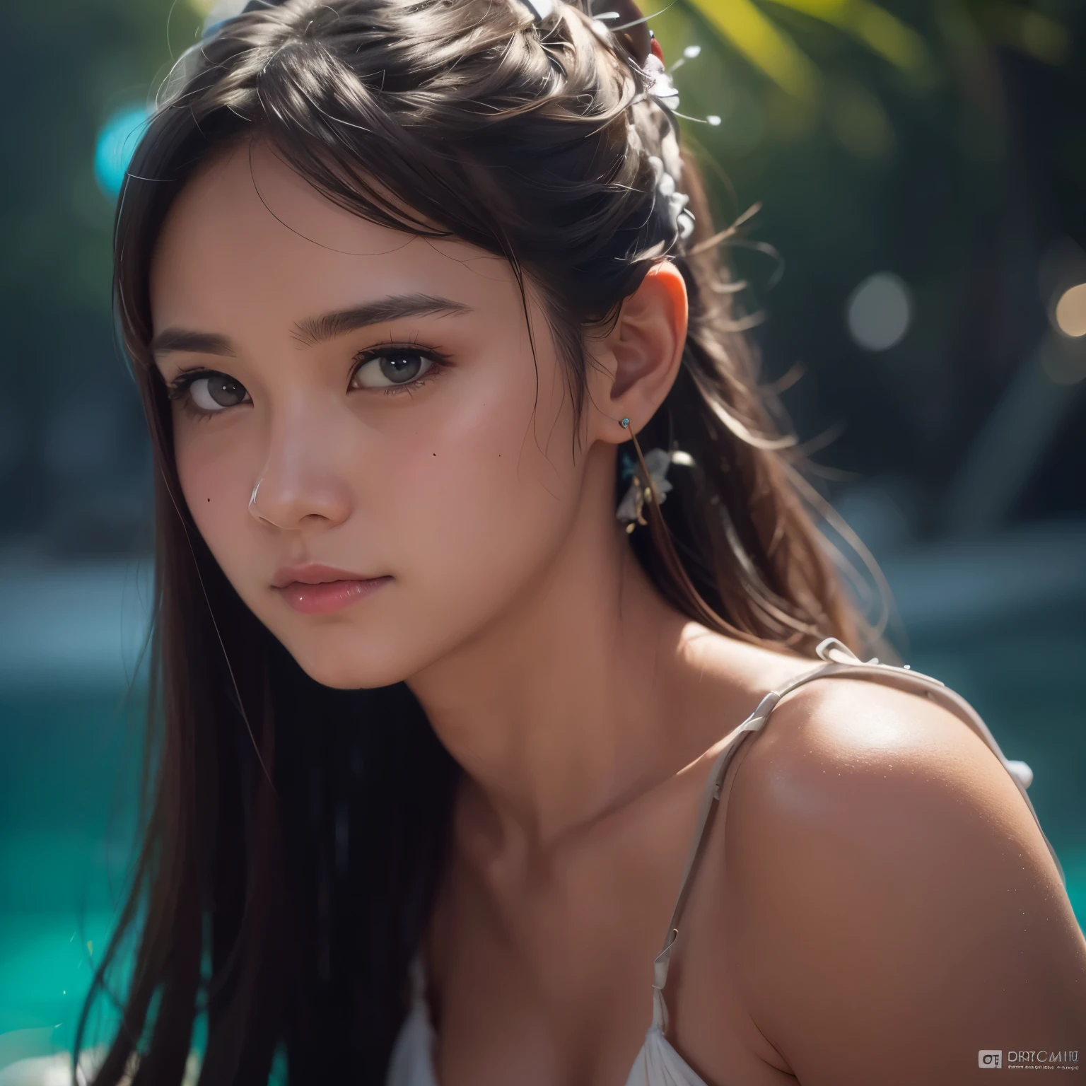 A cute girl from a southern island, depth of field, lens flare, UHD, retina, masterpiece, ccurate, textured skin, anatomically correct, super detail, high details, high quality, best quality, award winning, highres, The background is the blue sea