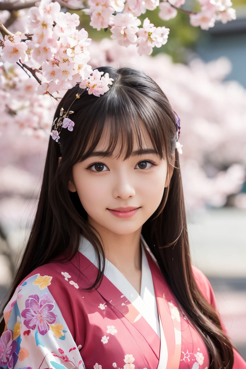 muste piece, best quality, 8K、(Golden Ratio Face、balanced eyes、very gentle eyelids)、double eyelid、beautiful nose、shy smile、lip gloss 、Very beautiful girl、Beautiful girl solo like a model、See photographer、Kimono with intricate patterns and traditional designs、detailed colors、Kimono with brightly colored patterns、Taken in front of a cherry tree、Cherry blossoms are falling、SakuraFubuki