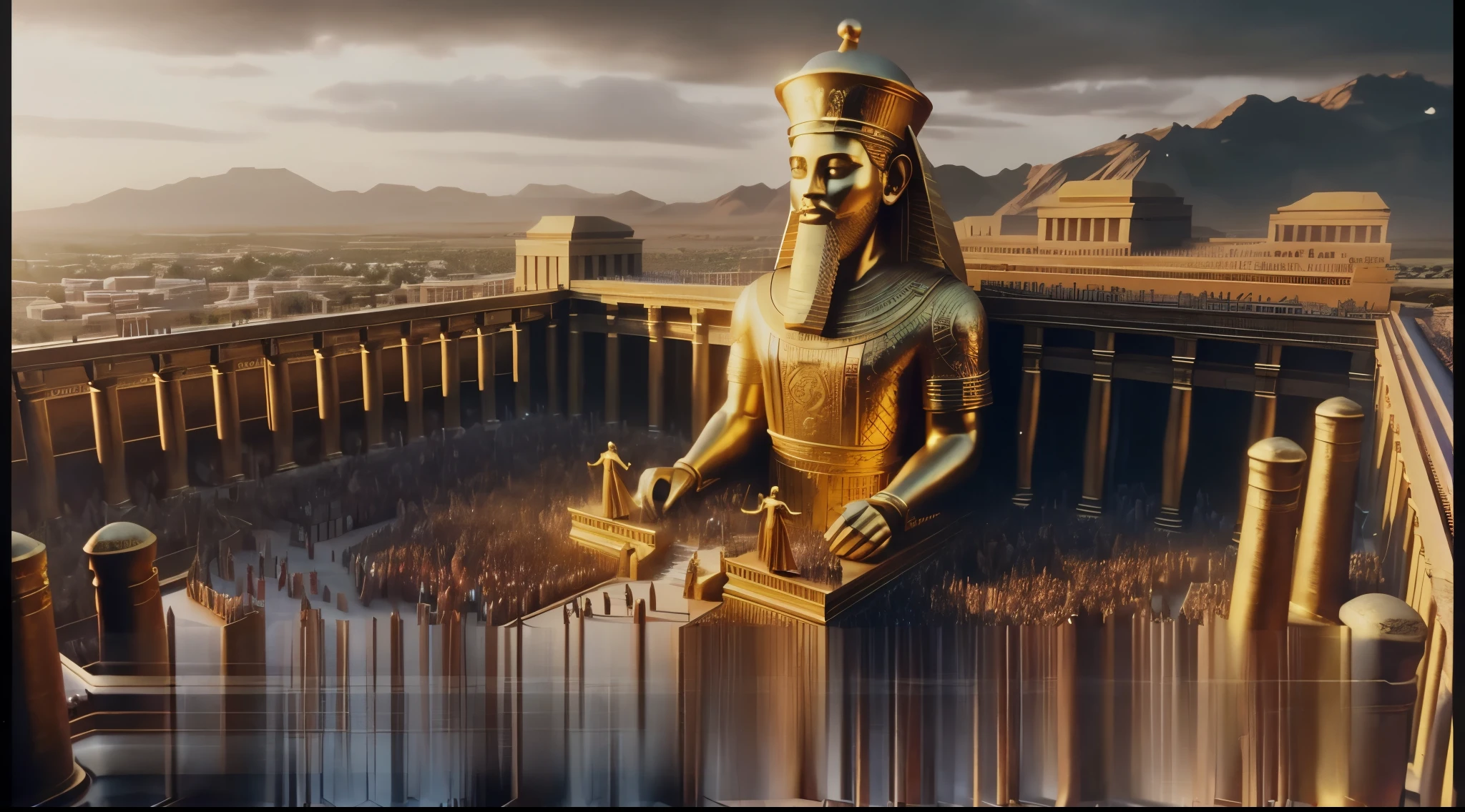 arafed image of a golden statue of a king in a palace, biblical epic movie, epic 3 d oxossi, ozymandias, 3 d render and matte painting, big video statues, stunning vfx, the egyptian god, epic cinematic still, epic cinematic matte painting, egypt god, cinematic movie shot, black emma watson as egyptian