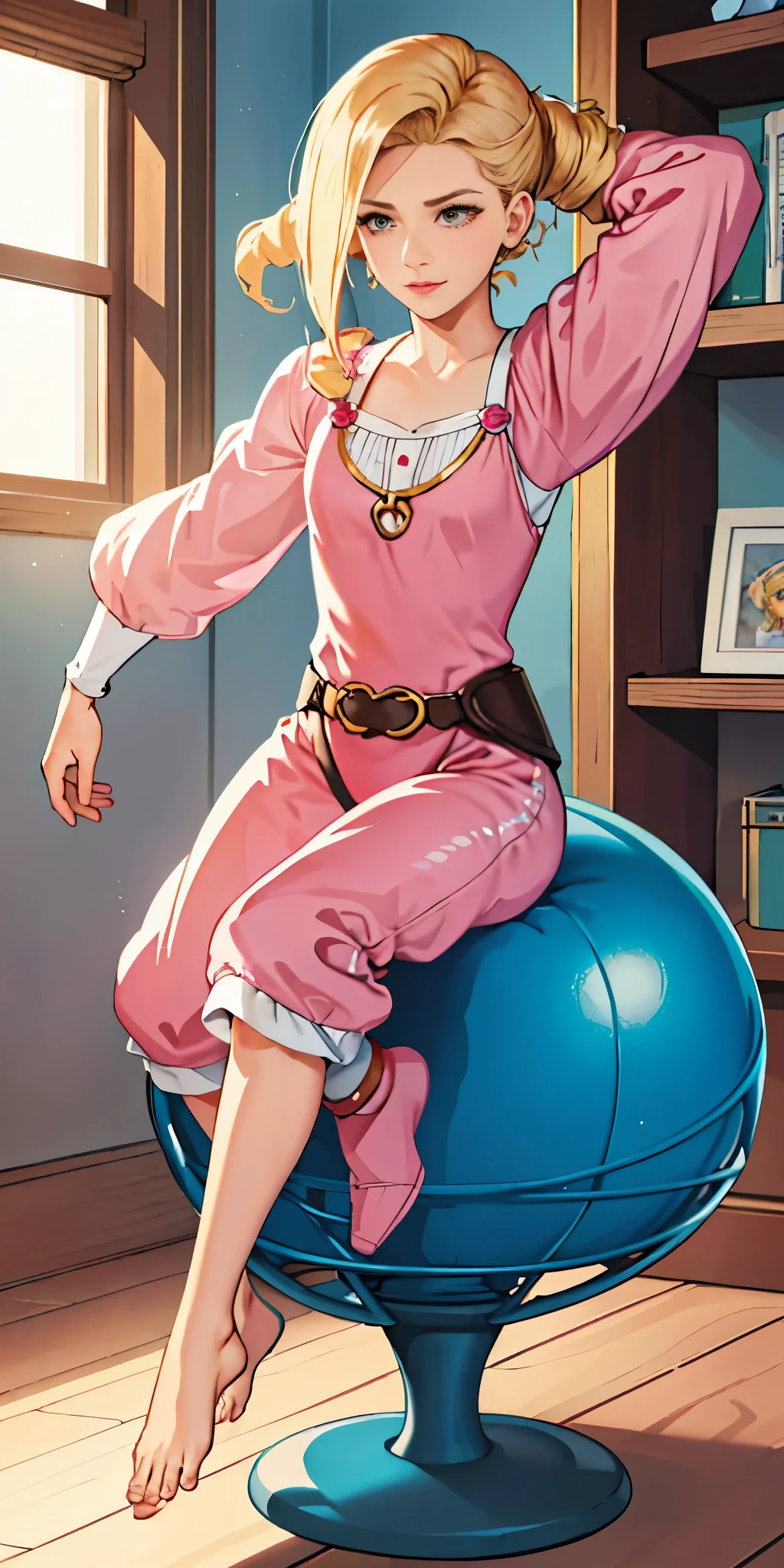 1girl, sitting on the Exercise ball , arms raised in the air , front view, cute, android 18, blonde hair, shor hair, wearing pink nightgown
