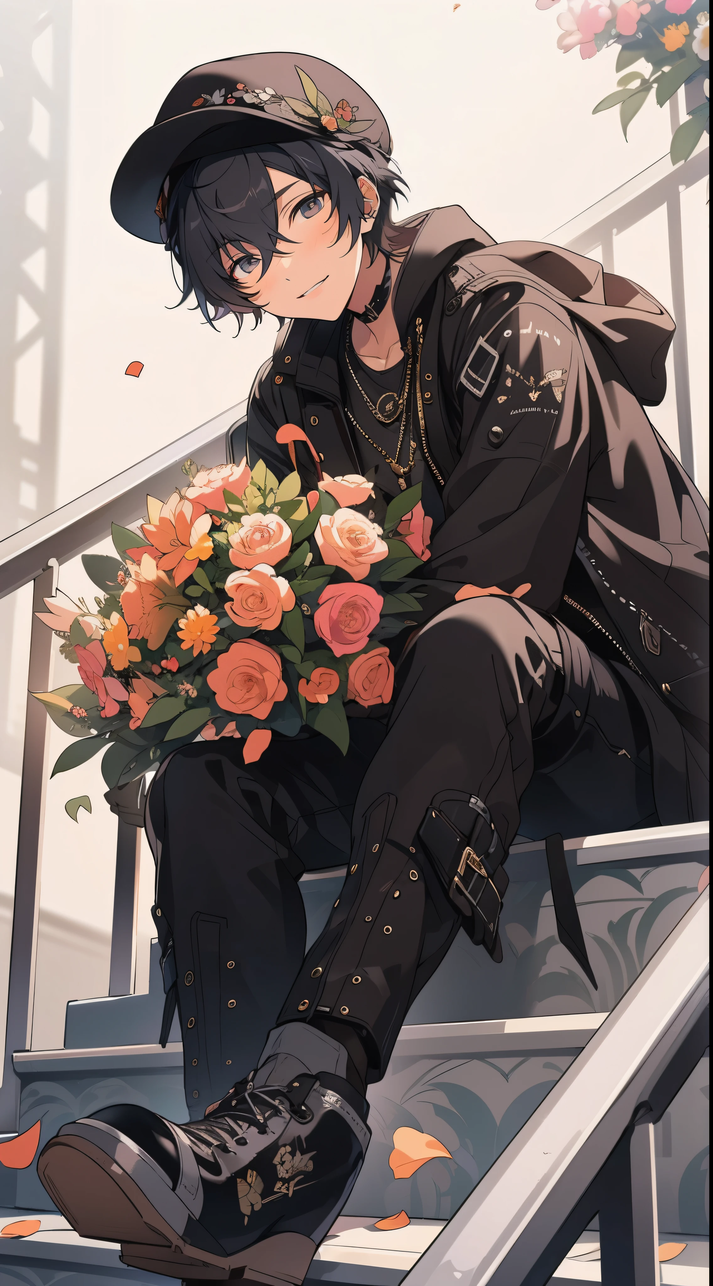 beautiful young man, short black hair, beret, black leather jacket, Have a colorful bouquet, Cloudy background, sitting on the stairs, high quality, Amount to draw, pixiv illustration