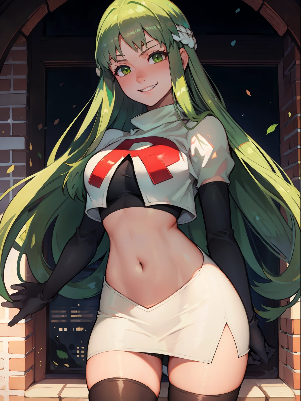 Palla (Fire Emblem), long hair, green hair ,1girl,team rocket,team rocket uniform, red letter R, white skirt,white crop top,black thigh-highs,black elbow gloves, evil smile, sexy poses