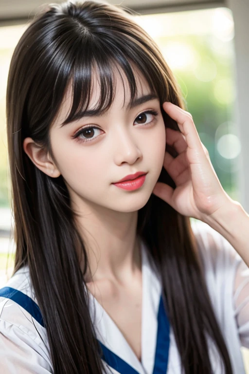 (8K, RAW photo, realistic:1.25) ,( lip gloss, eyelash, gloss-face, Glossy skin, highest quality, ultra high resolution, Depth of bounds written, chromatic aberration, caustics, wide range lighting, natural shading,K-POP idol) looking at viewer with a serene and goddess-like happiness, high school classroom, sailor suit, mini skirt