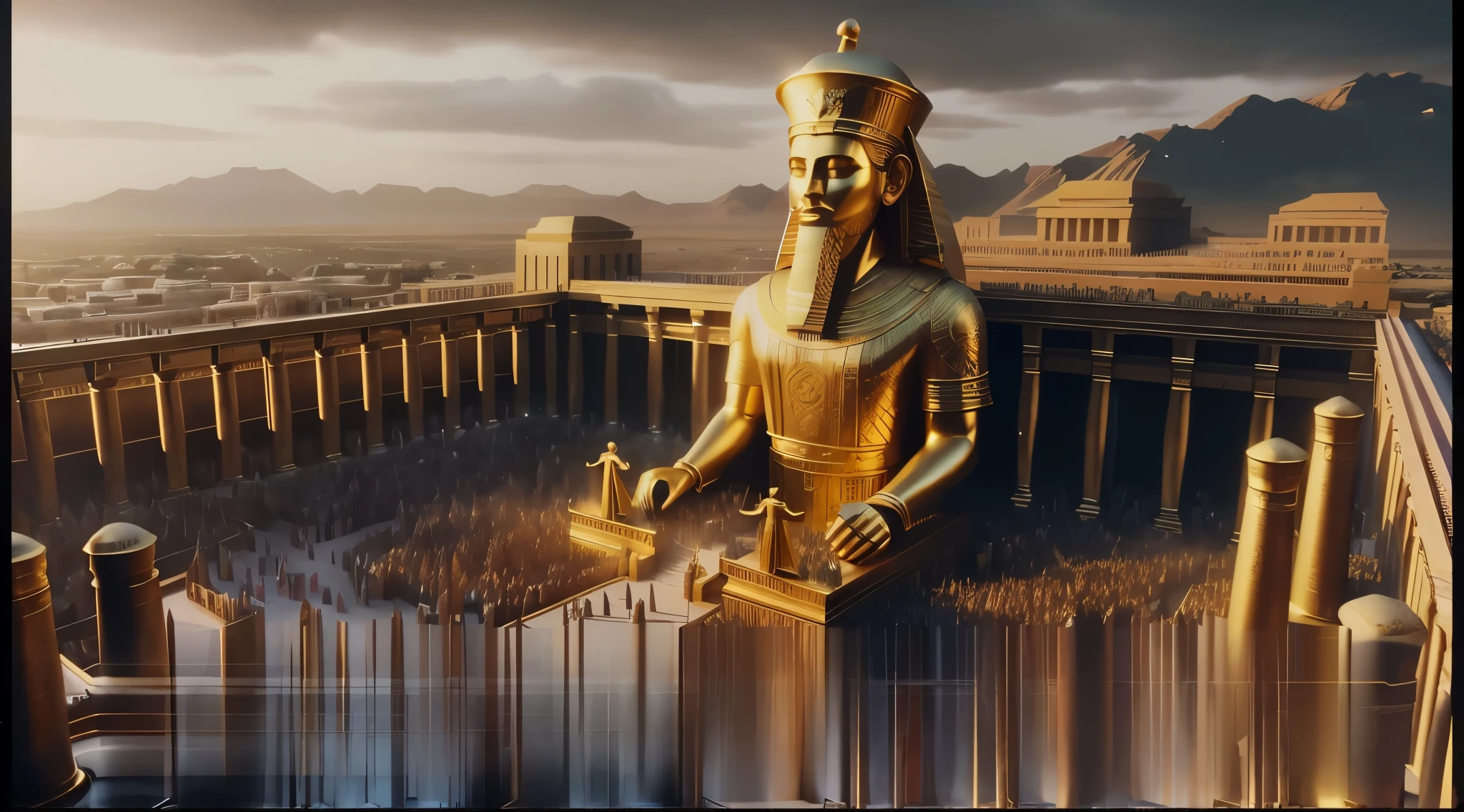 arafed image of a golden statue of a king in a palace, biblical epic movie, epic 3 d oxossi, ozymandias, 3 d render and matte painting, big video statues, stunning vfx, the egyptian god, epic cinematic still, epic cinematic matte painting, egypt god, cinematic movie shot, black emma watson as egyptian