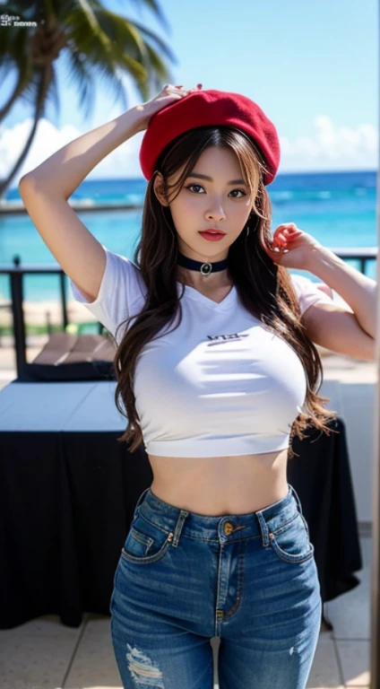 ((Highest quality, 8ก, Masterpiece: 1.3)), Sharp focus: 1.2, Beautiful women in perfect style: 1.4, Slender stomach: 1.2, ((dark brown hair, big: 1.2)), Angel Face, detailed face, beautiful girl, cute, white t-shirt, jeans, during, Waikiki Beach: 1.2, palm tree, (front shot), (full length photo: 1.3,), Highly detailed facial and skin textures, Detailed eyes, Double eyelids (cowboy shoot: 1.2), (perfect anatomy: 1.2), (Black T-shirt, trousers, choker, beret hat: 1.2),,(((clothes lifted high:1.4))),(((revealing your tit:1.3))),(natural tits:1.3),(nsfw:1.5),(perfect tits),Esbian Full Body