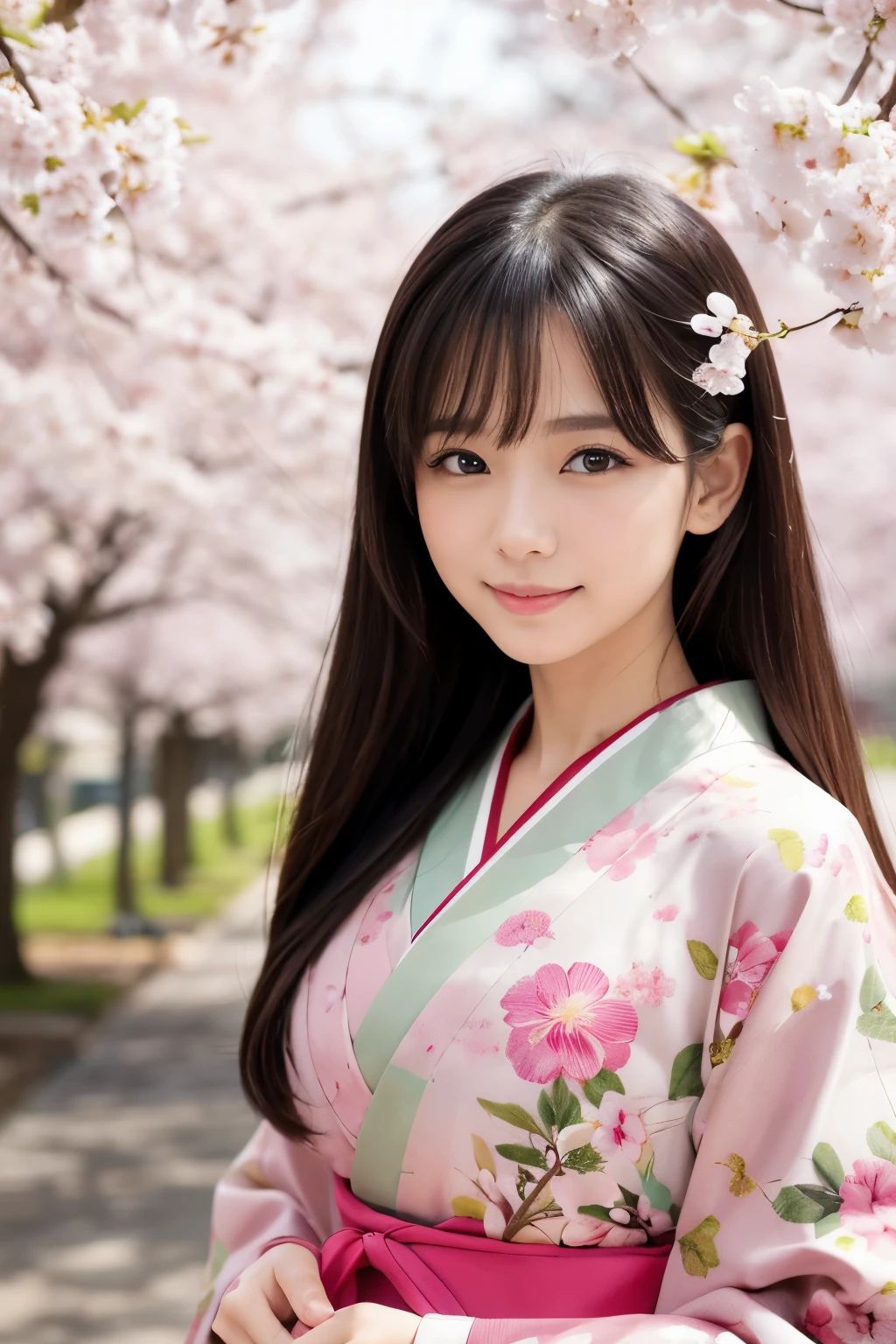 muste piece, best quality, 8K、(Golden Ratio Face、balanced eyes、very gentle eyelids)、double eyelid、beautiful nose、shy smile、lip gloss 、Very beautiful girl、Beautiful girl solo like a model、See photographer、Kimono with intricate patterns and traditional designs、detailed colors、Kimono with brightly colored patterns、Taken in front of a cherry tree、Cherry blossoms are falling、SakuraFubuki