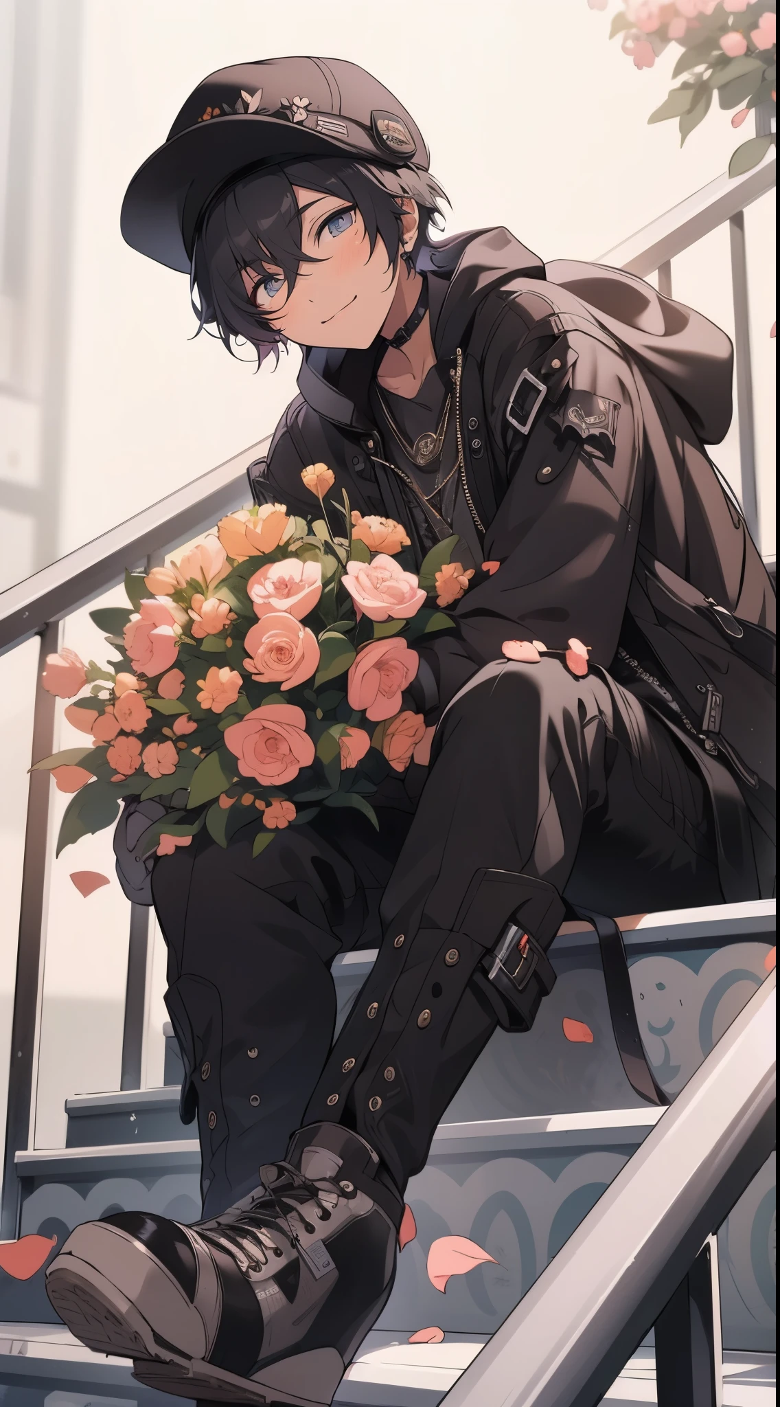Beautiful young man, short black hair, beret, black leather jacket, holding colorful bouquet of flowers, cloudy background, sitting on stairs, high quality, amount of drawing, pixiv illustration
