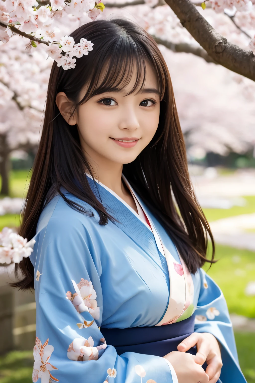 muste piece, best quality, 8K、(Golden Ratio Face、balanced eyes、very gentle eyelids)、double eyelid、beautiful nose、shy smile、lip gloss 、Very beautiful girl、Beautiful girl solo like a model、See photographer、Kimono with intricate patterns and traditional designs、detailed colors、Kimono with brightly colored patterns、Taken in front of a cherry tree、Cherry blossoms are falling、SakuraFubuki