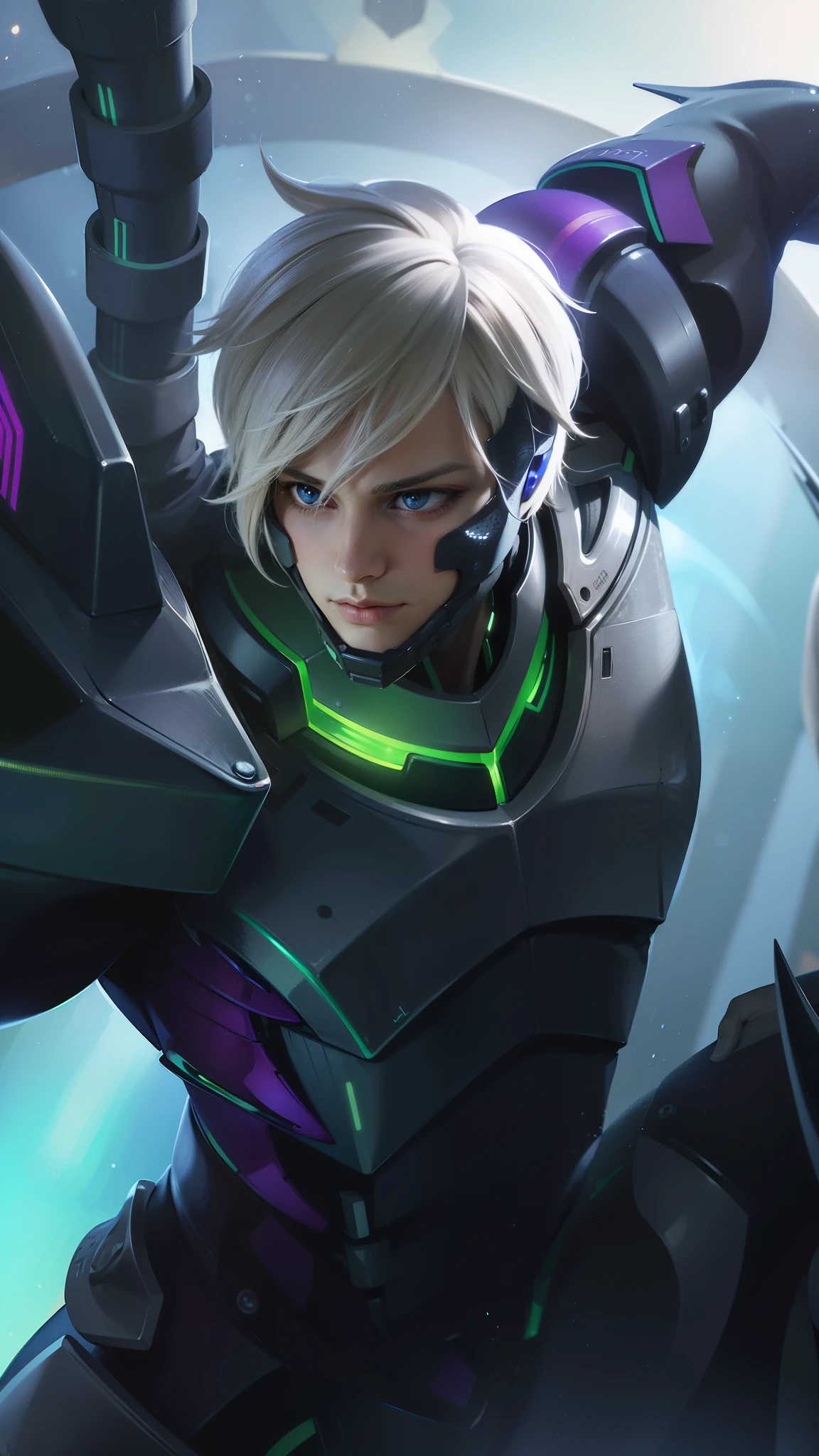 masculine male, masterpiece, ((perfect eyes)) best quality, (semirealism:1.9), beautiful lighting, (extremely detailed CG unity 4k fhd wallpaper), High Detail, Sharp focus, dramatic outdoors, 1 boy ,19 years old, white short hair, purple eyes.