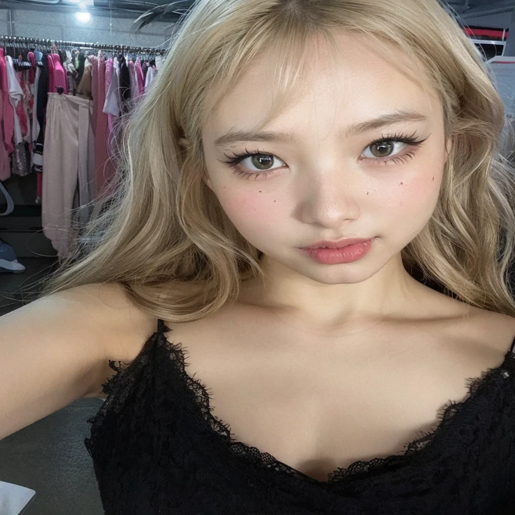 arafed woman with long blonde hair and black dress in a room, lalisa manobal, roseanne park of blackpink, lalisa manoban of blackpink, ulzzang, korean girl, sun yunjoo, jaeyeon nam, shikamimi, jossi of blackpink, heonhwa choe, popular south korean makeup, jinyoung shin, Twice nayeon.