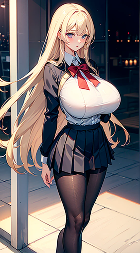 1girl,masterpiece, full shot, best quality, slender girl with hourglass body and huge breasts, solo, pretty, cute, shy girl, ((girl wears school uniform, short pleated skirt, white blouse, Korean school uniform)), sexy, girl shows enticing breasts, ((platinum blond hair, long hair)), pink colored eyes, pink orbs, detailed eyes, beautiful eyes, delicate eyes, ((hourglass body, sexy body)), correct anatomy, correct limbs, ((huge breasts:1.5)), juicy lips, pouty lips, [detailed background (korean school, korean high school, Seoul, south korea)]BREAK((pantyhose)),((side shot))