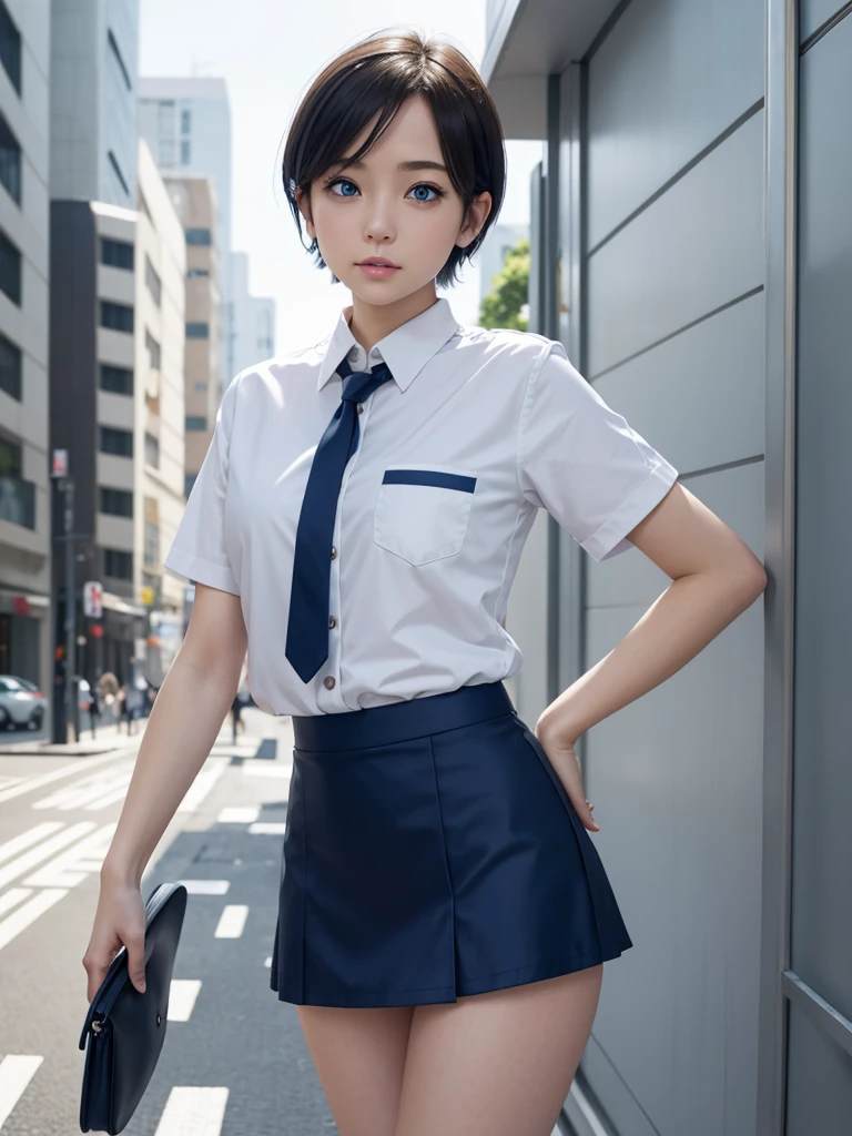 bending forward、mini short hair、Sarah Uniform、mini skirt、details、blue eyes