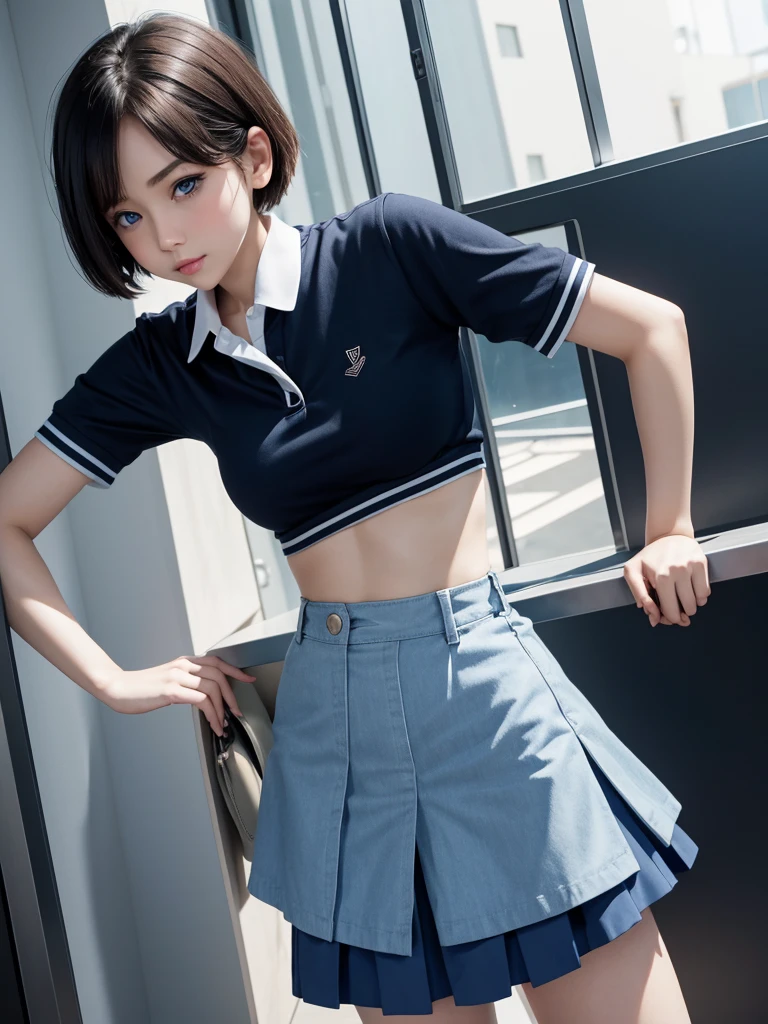 bending forward、mini short hair、Sarah Uniform、mini skirt、details、blue eyes