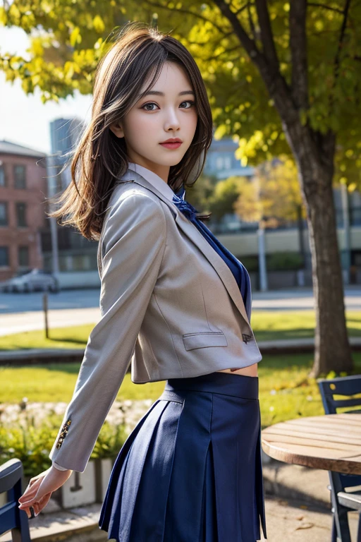 table top, highest quality, shape, Super detailed, finely, High resolution, 8k wallpaper, 完璧なダイナミックな構shape, beautiful and detailed eyes,natural color lip, random sexy pose,look at the camera,table top, highest quality, shape, Super detailed, finely, High resolution, 8k wallpaper, 完璧なダイナミックな構shape, beautiful and detailed eyes,medium hair, natural color lip,smile,(Wearing a brown school blazer uniform:1.3),(long hair:1.3),standing in the park,(The wind blows and flips up my navy blue skirt,I can see your pants:1.6),cowboy_shot,18 year old girl,Backlight