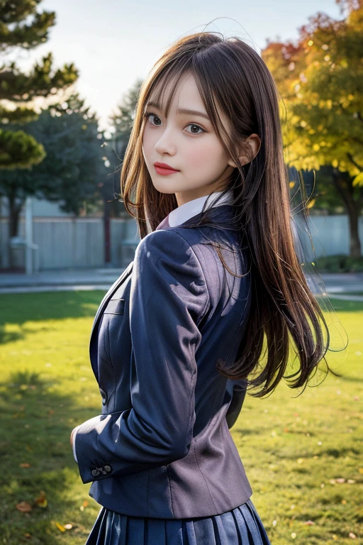 table top, highest quality, shape, Super detailed, finely, High resolution, 8k wallpaper, 完璧なダイナミックな構shape, beautiful and detailed eyes,natural color lip, random sexy pose,look at the camera,table top, highest quality, shape, Super detailed, finely, High resolution, 8k wallpaper, 完璧なダイナミックな構shape, beautiful and detailed eyes,medium hair, natural color lip,smile,(Wearing a brown school blazer uniform:1.3),(long hair:1.3),standing in the park,(The wind blows and flips up my navy blue skirt,I can see your pants:1.6),cowboy_shot,18 year old girl,Backlight