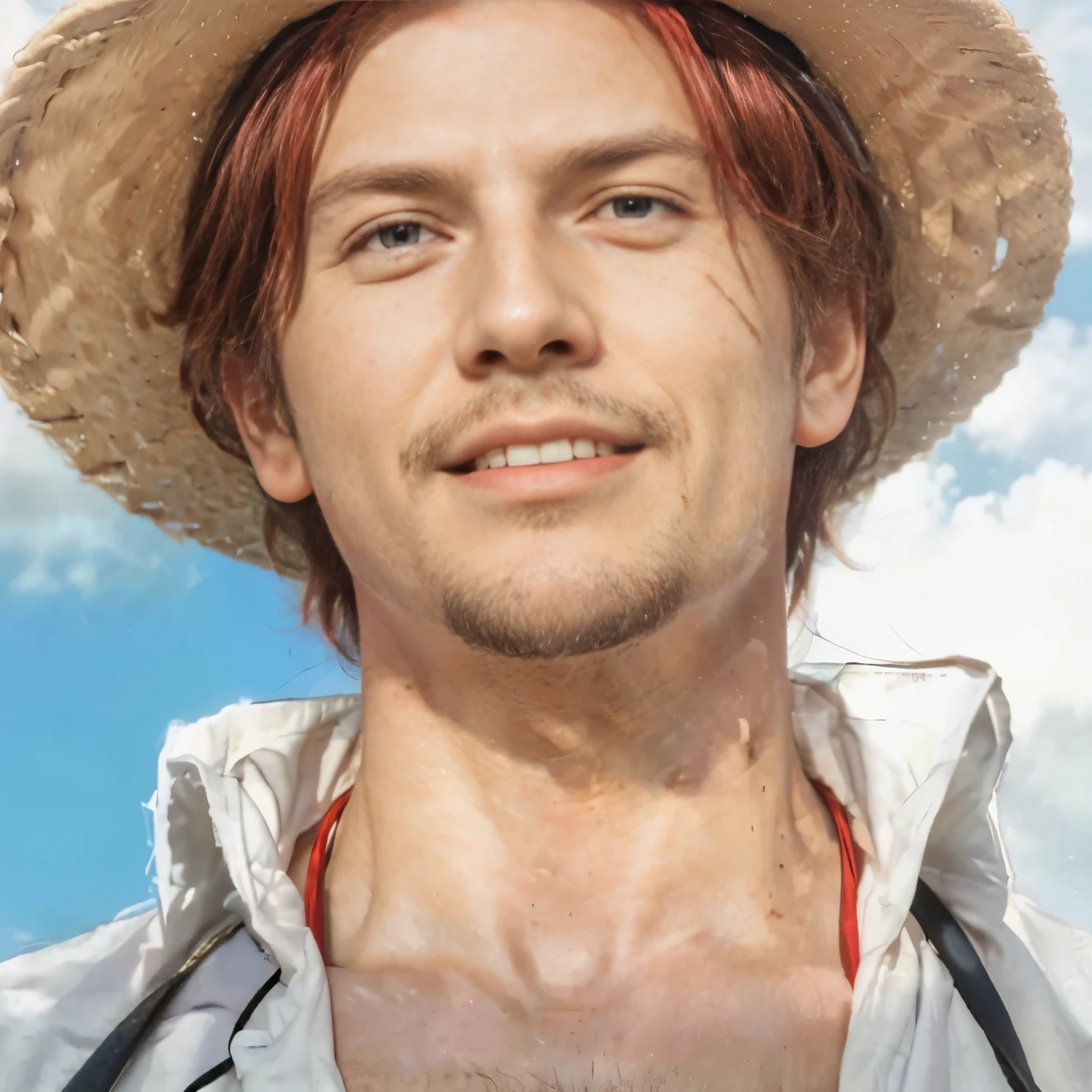 (masterpiece), (realistic), (ultra detailed), ( high reest quality), (photorealistic), (perfect face), (perfect anatomy), man, male, solo, ameican, ((20 years old)), ((muscular)), shanks from one piece, shanks, red hair, has a thin black beard, has a thin black mustache, wears white clothes, wears a black robe, wearing a straw hat, wearing a red cloth belt, there is a sword on the character's left waist, the character's mouth is laughing wide, behind the character there is a sky with clouds