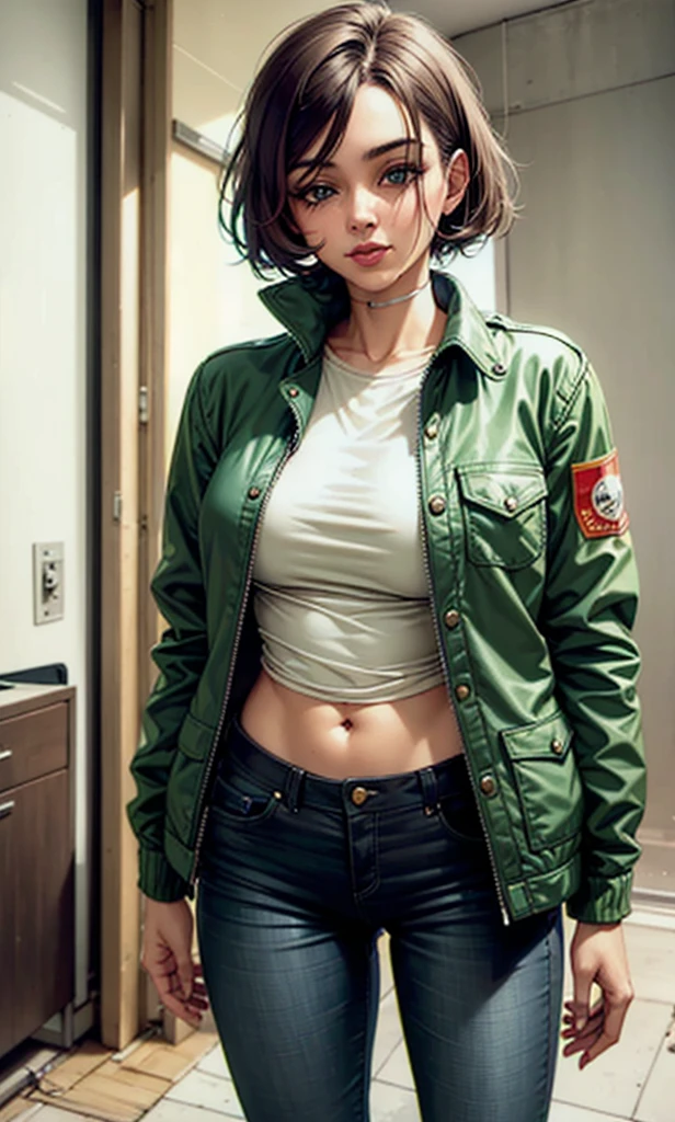 hay una mujer con una chaqueta negra y pantalones negros posando, dressed in short cuero jacket, she wears cuero jacket, dressed in cuero jacket, wearing cuero jacket, wearing a cuero jacket, in an old 1950s cuero jacket, dressed in biker cuero, wearing a full cuero outfit, pose satisfecha, traje ajustado, wearing cuero, cuero, cuero jacket