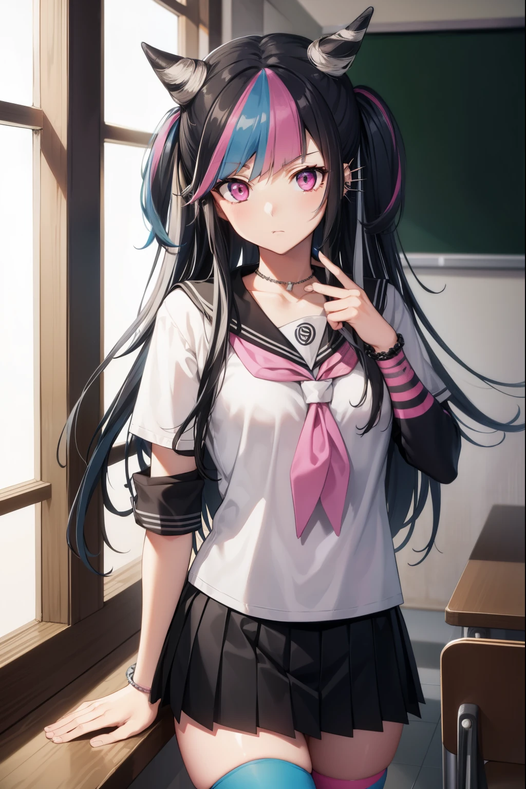 ibukimioda, ibuki mioda, black hair, blue hair, hair horns, ear piercing, lip piercing, long hair, multicolored hair, (pink eyes:1.5), pink hair, white hair,
BREAK asymmetrical legwear, black skirt, blue thighhighs, jewelry, mismatched legwear, neckerchief, necklace, piercing, pleated skirt, ring, school uniform, serafuku, shirt, skirt, thighhighs, torn clothes, torn thighhighs, zettai ryouiki,
BREAK looking at viewer,
BREAK indoors, classroom,
BREAK (masterpiece:1.2), best quality, high resolution, unity 8k wallpaper, (illustration:0.8), (beautiful detailed eyes:1.6), extremely detailed face, perfect lighting, extremely detailed CG, (perfect hands, perfect anatomy),