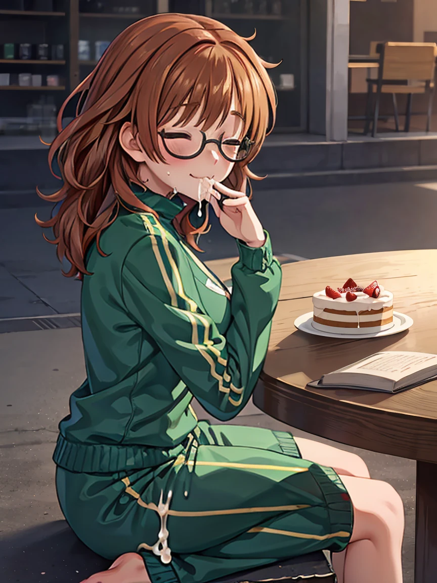 nsfw,masterpiece,best quality,Ultra detailed,8k,realistic,ultra detailed,highly detailed,physics-based rendering,beautiful eyes,beautiful face, BREAKcafe, book, cake, sitting, from side, dark orange midium hair, waviy hair, dark brown eyes, midium breasts, glasses,nipple,smile,grin,one eye closed,out tongue,blush, (green tracksuit),open clothes,table on breasts,(bukkake:1.5,,(cum:1.2),(cum in mouth:1.2),(cum on body:1.2)