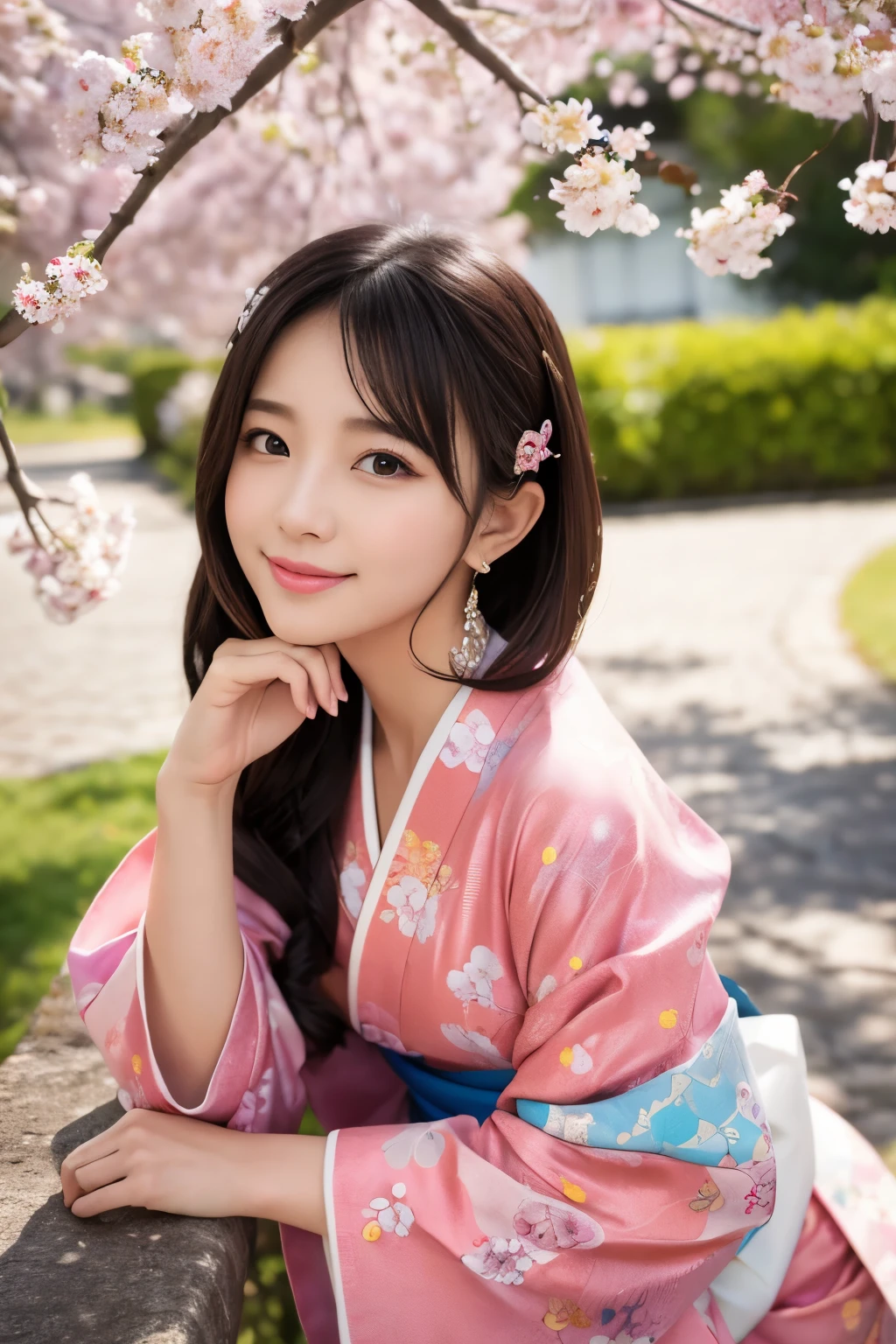 muste piece, best quality, 8K、(Golden Ratio Face、balanced eyes、very gentle eyelids)、double eyelid、beautiful nose、shy smile、lip gloss 、Very beautiful girl、Beautiful girl solo like a model、See photographer、Kimono with intricate patterns and traditional designs、detailed colors、Kimono with brightly colored patterns、Taken in front of a cherry tree、up hair 1.2、(((provocative pose、sexy pose)))