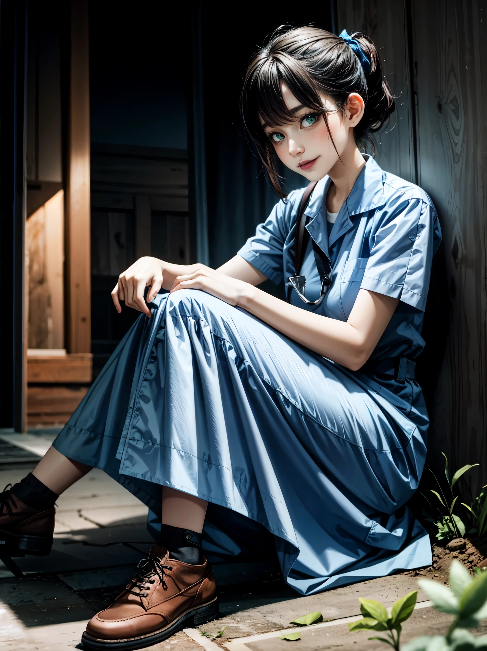 “Looking close-up face“, Amid the intense shadows of the abandoned house under the moonlight, the nurse emerges with a presence that shivers the spine. His uniform, highlighted by the black and white color palette with subtle touches of blue and yellow, emanates a strangely disturbing sensation. The pale light of the moon reveals details of the deteriorated wood, while worn textures on the walls tell silent stories of an unknown past. Inspired by the disturbing style of Junji Ito, the scene promises a unique visual experience of horror. The determined look of the nurse, illuminated by a cold lunar light, reflects the dark and mysterious aura of the environment. Each step resonates with a ghostly echo through the empty corridors. The 3D design of the scenery adds an additional dimension to the atmosphere, immersing itself even more in the feeling of abandonment and desolation. The shadows dance sinisterly, creating disturbing illusions that challenge perception. The nurse advances with courage, facing the unknown while the environment comes to life with a supernatural aura. | {The camera is positioned very close to her, revealing her entire body as she adopts a dynamic_pose, interacting with and leaning on a structure in the scene in an exciting way} | She is adopting a ((dynamic_pose as interacts, boldly leaning on a structure, leaning back in an exciting way):1.3), ((perfect_pose)), ((full-body)), ((perfect_fingers, better_hands, perfect_hands, perfect_legs):1), ((More Detail)).