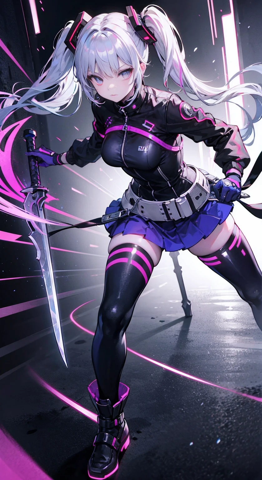 8K,Ultra Detail,ultra-quality,ultra precision,ultimate masterpiece,Girl(equipment mechanical sword)(Cyber punk),bomber jacket(Cyber),short skirt,long boots,(Cyber),twintail(silver and pinkg inner color),located night Cyber punk back alley,Theme of Cyber punk,view front,Dynamic combat Action pose in combat,motive of Speedy,neon afterglow lines effect,ruins,
