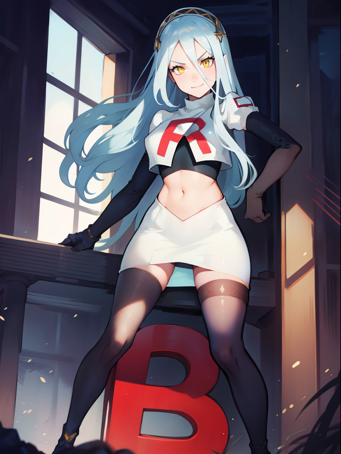 def_azura, yellow eyes ,1girl,team rocket,team rocket uniform, red letter R, white skirt,white crop top,black thigh-highs,black elbow gloves, evil smile, sexy poses