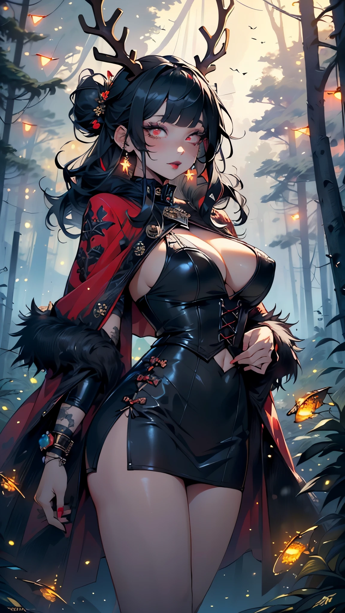 gothic reindeer girl,(((1girl))),((extremely cute and beautiful black haired anime gothic reindeer girl)),

(((anthro furry:1.2), Playboy_Reindeer, reindeer_antlers,(huge antlers:1.2,dear antlers:1.2,blooming antlers:1.2))),(large breasts:1.4),saggy breasts,((((black hair:1.5,Qi bangs,double bun hair,colored inner hair,ear breathing)))),(((red_eyes:1.3))),intricate eyes,beautiful detailed eyes,symmetrical eyes,big eyes:1.5,(((lustrous skin:1.5,bright skin: 1.5,skin tanned,shiny skin,very shiny skin,shiny body,plastic glitter skin,exaggerated shiny skin,illuminated skin))),(spider lower abdomen,narrow waist,wide hip,athletic body,inflated legs,thick thighs,detailed body,(detailed face)),

cute,slutty,seductive,erotic,(((nsfw))),

zettai ryouiki,revealing clothing,show skin,(((Sexy goth fur coat, goth fur coat outfit, wearing a goth fur coat:1.3,dark red winter coat))),((red goth mini-skirt,red goth mini skirt with furry edge,visible thong straps, navel)),((underpants strap)),(red gothic clothes,semi-naked,with little goth clothing),((((Black Eyeshadow,Thick Black Eyeliner,Long Dramatic Eyelashes,Black Lips))),(((intricate outfit,intricate clothes,embroidered outfit,ornate outfit))),

(dynamic pose:1.0),embarrassed,(centered,scale to fit dimensions,Rule of thirds),

((((many fireflies,fireflies,glowing fireflies,fireflies in the background)))),

((snowy pine forest)),winter,scenery:1.25,((intricate scenery)),((snow forest background)),Christmas tree,

(Glossy winter ornaments),highres,sharp focus,(ultra detailed,extremely detailed),(photorealistic artwork:1.37),(extremely detailed CG unity 8k wallpaper),(((vibrant colors,vibrant theme))),(intricate),(masterpiece),(best quality),
