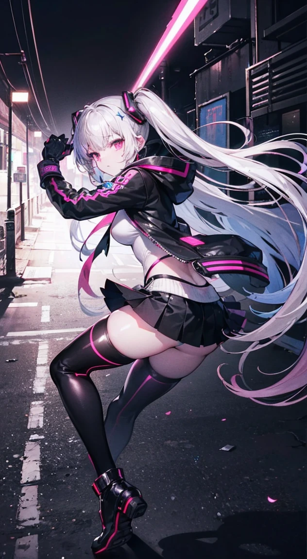 8K,Ultra Detail,ultra-quality,ultra precision,ultimate masterpiece,Girl(equipment mechanical sword)(Cyber punk),bomber jacket(Cyber),short skirt,long boots,(Cyber),twintail(silver and pinkg inner color),located night Cyber punk back alley,Theme of Cyber punk,view front,Dynamic combat Action pose in combat,motive of Speedy,neon afterglow lines effect,seventh dragon,