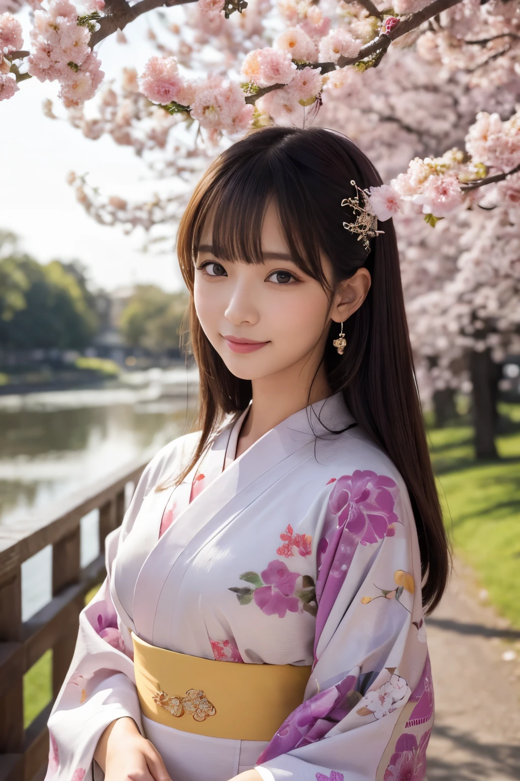 muste piece, best quality, 8K、(Golden Ratio Face、balanced eyes、very gentle eyelids)、double eyelid、beautiful nose、shy smile、lip gloss 、Very beautiful girl、Beautiful girl solo like a model、See photographer、Kimono with intricate patterns and traditional designs、detailed colors、Kimono with brightly colored patterns、Taken in front of a cherry tree、up hair 1.2、(((provocative pose、sexy pose)))