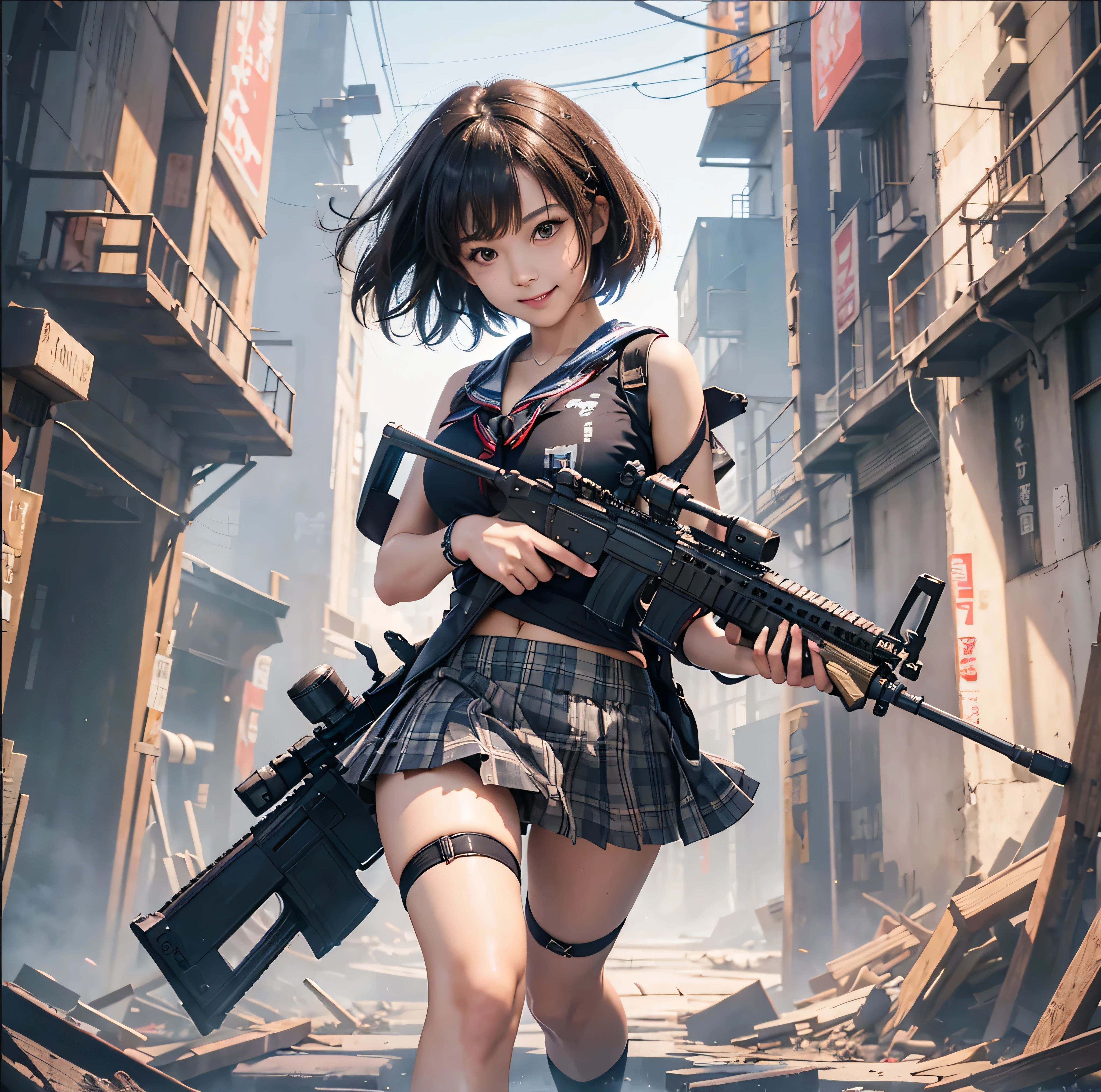 masutepiece, High resolution, Cinematic lighting, Front Camera Angle, Ruined metropolis, girl Standing With Assault Rifle (M16), Beautiful Girl, Grinning, Good figure, Short hair, Big breasts, cleavage, Short sailor suit with a visible navel, Miniskirt with tartan check,