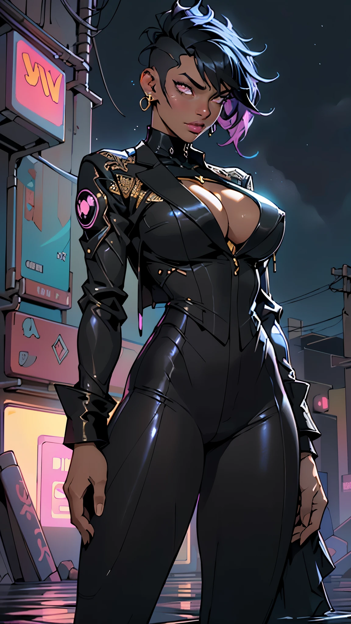 girl,((((black race)))),((beautiful girl)),
(large breasts:1.4),saggy breasts,(((black hair:1.4,hi-top fade Haircut:1.4,hi-top fade:1.3,Mohawk))),(((golden_eyes:1.3))),intricate eyes,beautiful detailed eyes,symmetrical eyes,((fat)),(((an,dark skin,black skin:1.35,dark-skinned_female,dark skin:1.3,ebony skin,lustrous skin:1.5,bright skin: 1.5,shiny skin,very shiny skin,shiny body,illuminated skin,wet legs))),(spider lower abdomen,narrow waist,wide hip,imbo body,inflated legs, thick thighs,detailed body,(detailed face)),
cute,slutty,seductive,erotic,(((nsfw))),evil woman, villain, ambitious look,
(((golden formal blazer,black formal pants,))),(((huge cleavage,deep neckline,cleavage))),((wet clothes,intricate outfit,intricate clothes)),
(dynamic pose:1.0),solo focus,((smug)),(centered,scale to fit dimensions,Rule of thirds),
cyberpunk city by the ocean at night, with bright neon signs and dark stormy clouds and puddles, scenery:1.25,nighttime, starry night, cosmos,Very dark night that makes the neon lights stand out, very bright neon lights,nighttime, starry night, cosmos,
highres, sharp focus, (ultra detailed, extremely detailed), (photorealistic artwork:1.37),(extremely detailed CG unity 8k wallpaper),((synthwave background theme)),(((vibrant colors))),(intricate background),(masterpiece),(best quality),