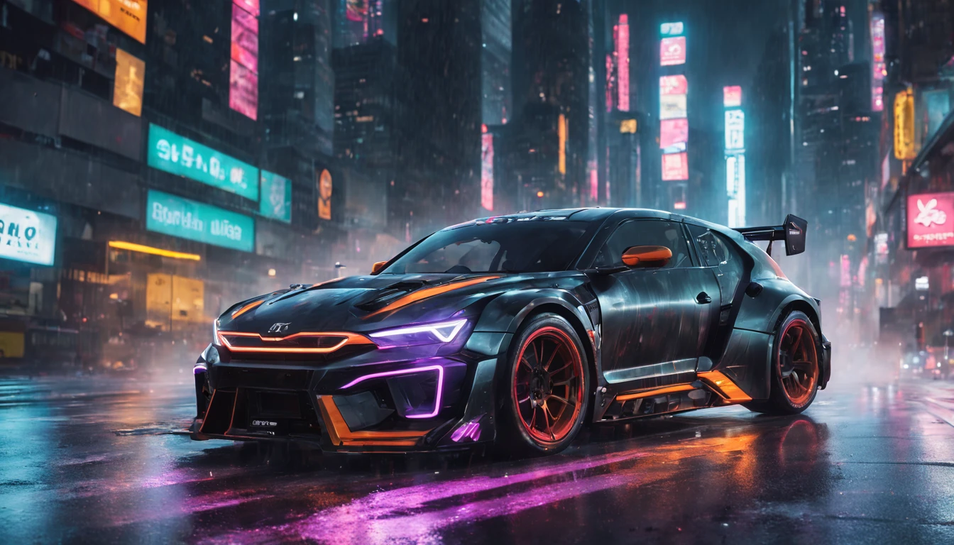 Photo of (cyberpunk rally car:1.3), sophisticated aerodynamics, neon underglow, (futuristic mod:1.2), Standing against a background of neon glowing skyscrapers。, Streets slippery in the rain, (Holographic advertising:1.1), (aggressive tire tread:1.1), Speeding motion blur, Old-fashioned rally meets futuristic technology, contrasting times, High resolution, Vivid color highlights, Chrome finish and matte finish, Urban atmosphere, Wide-angle perspective, Raw photo, professional grade,KTM SUPER DUKE 1290