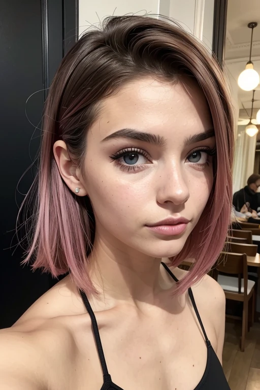 Belle fille, Marron_eyeeautiful mince adolescente de 18 ans, cheveux color [Brown highlights cheveux], [Pixie undercut] cheveux)), piercing nombril, porte jarretelle  lèvres, Réaliste, taille étroite, charmant, pink lèvrestick, maquillage coloré, Cils longs, boucles d’oreilles, porter de l’eye-liner, peau claire, (mignon), (face détaillée), Yeux détaillés, Iris détaillé, corp magnifique, corps athlétique, abdominaux prononcés sur l&#39, assisse dans un café , paris
